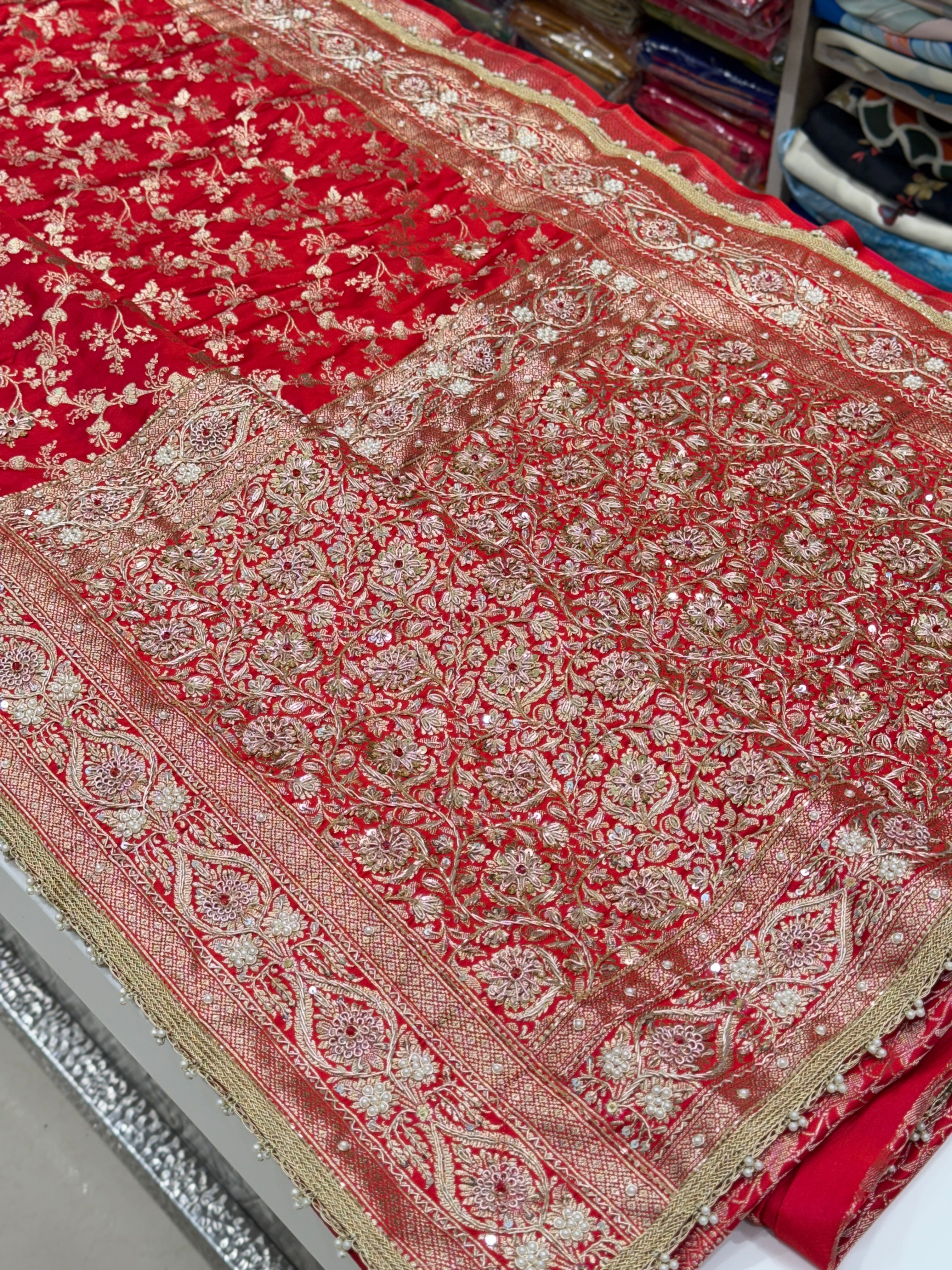 Red Banarasi Jaal Hand Embroidery Crystal Zardosi Saree