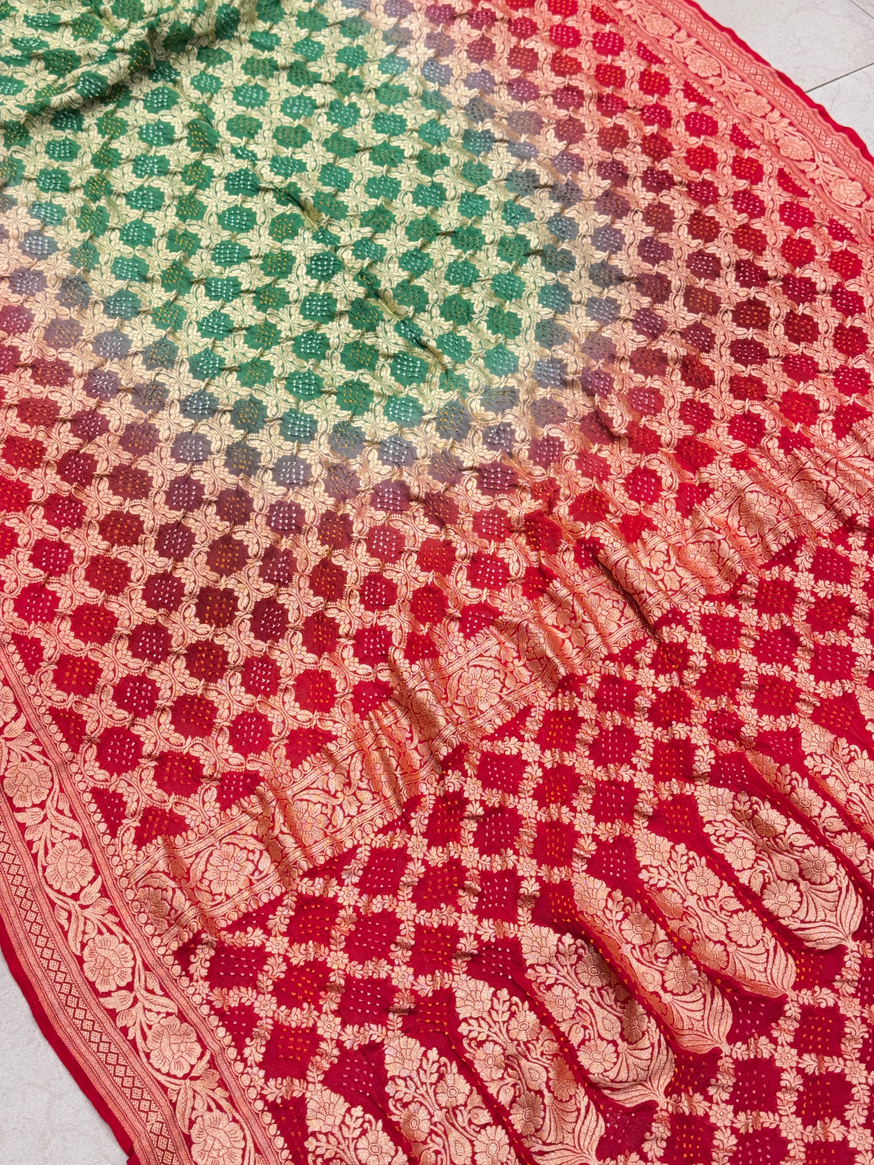 Red Green Shaded Bandhej Shaded Saree