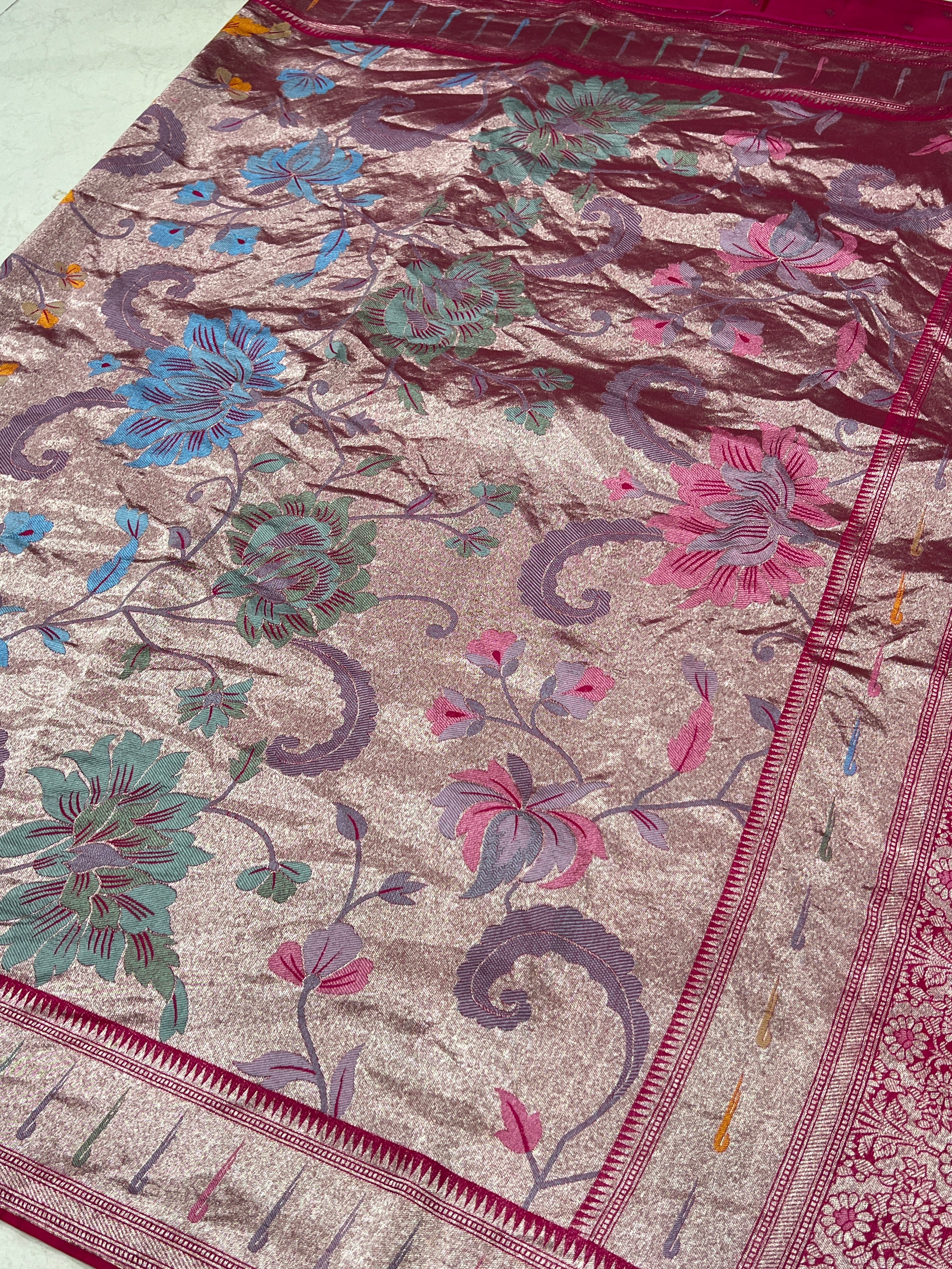 Rani Pink Silver Meenakari Muniya Tissue Munga Banarasi Paithani Saree