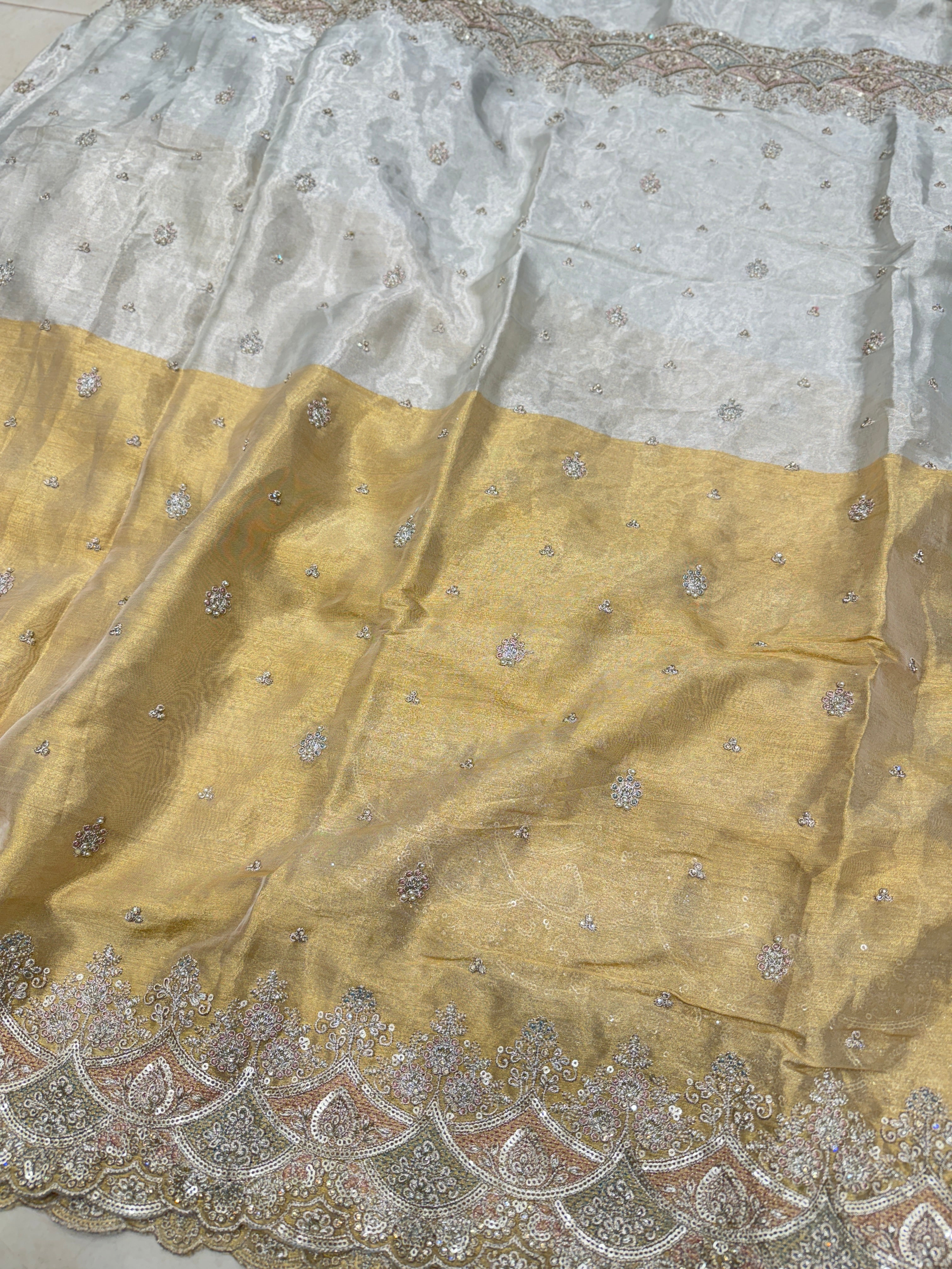 Golden Silver Soft Tissue Pita Double Scallop Embroidery Saree