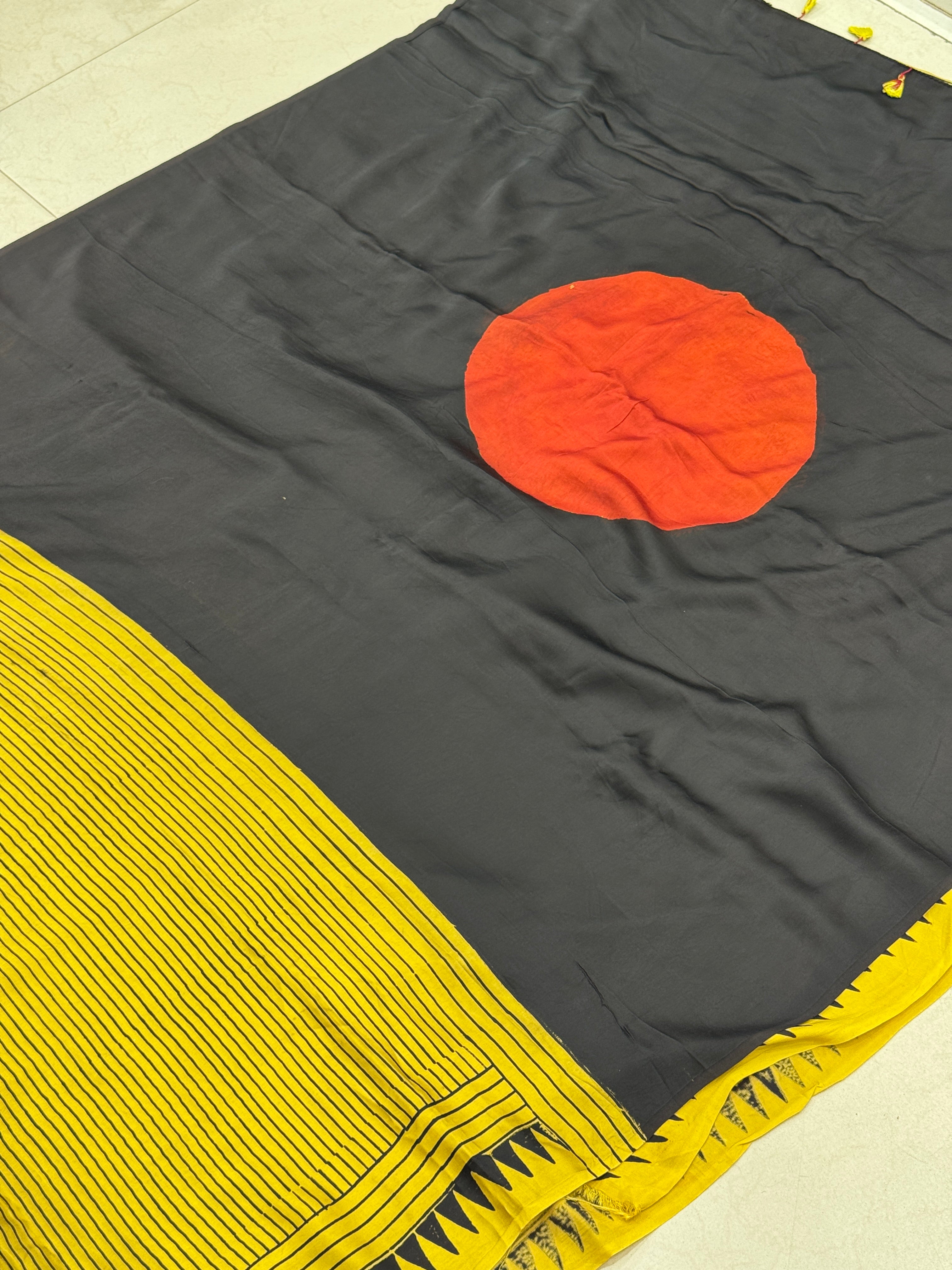 Yellow Contemporary Moon Pallu Ajrakh Saree Modal Gajji Silk Hand Block Print