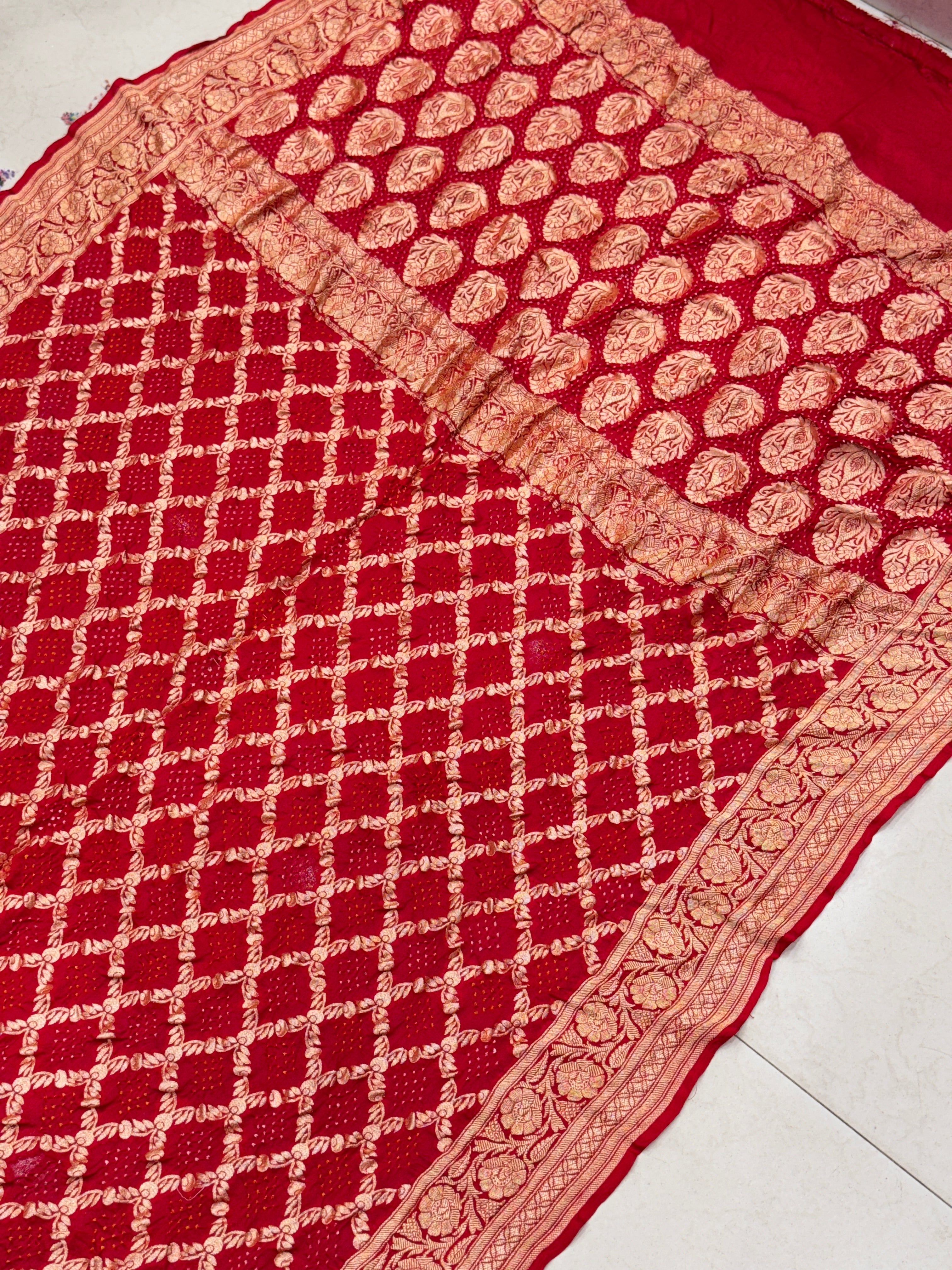Pure Red Bandhej Bandhini Saree