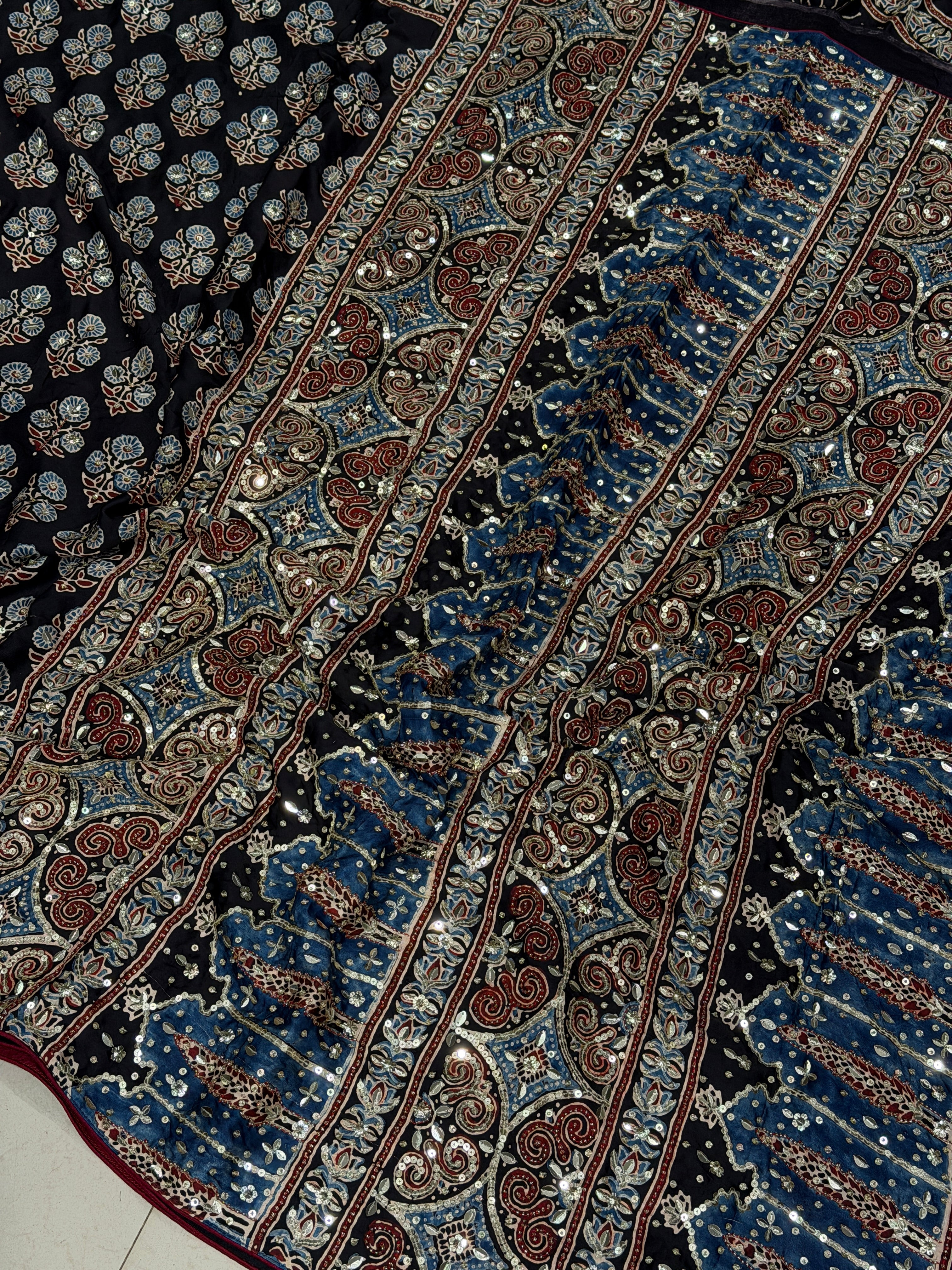 Black Butti Ajrakh Sequin Moti Hand Embroidery Saree