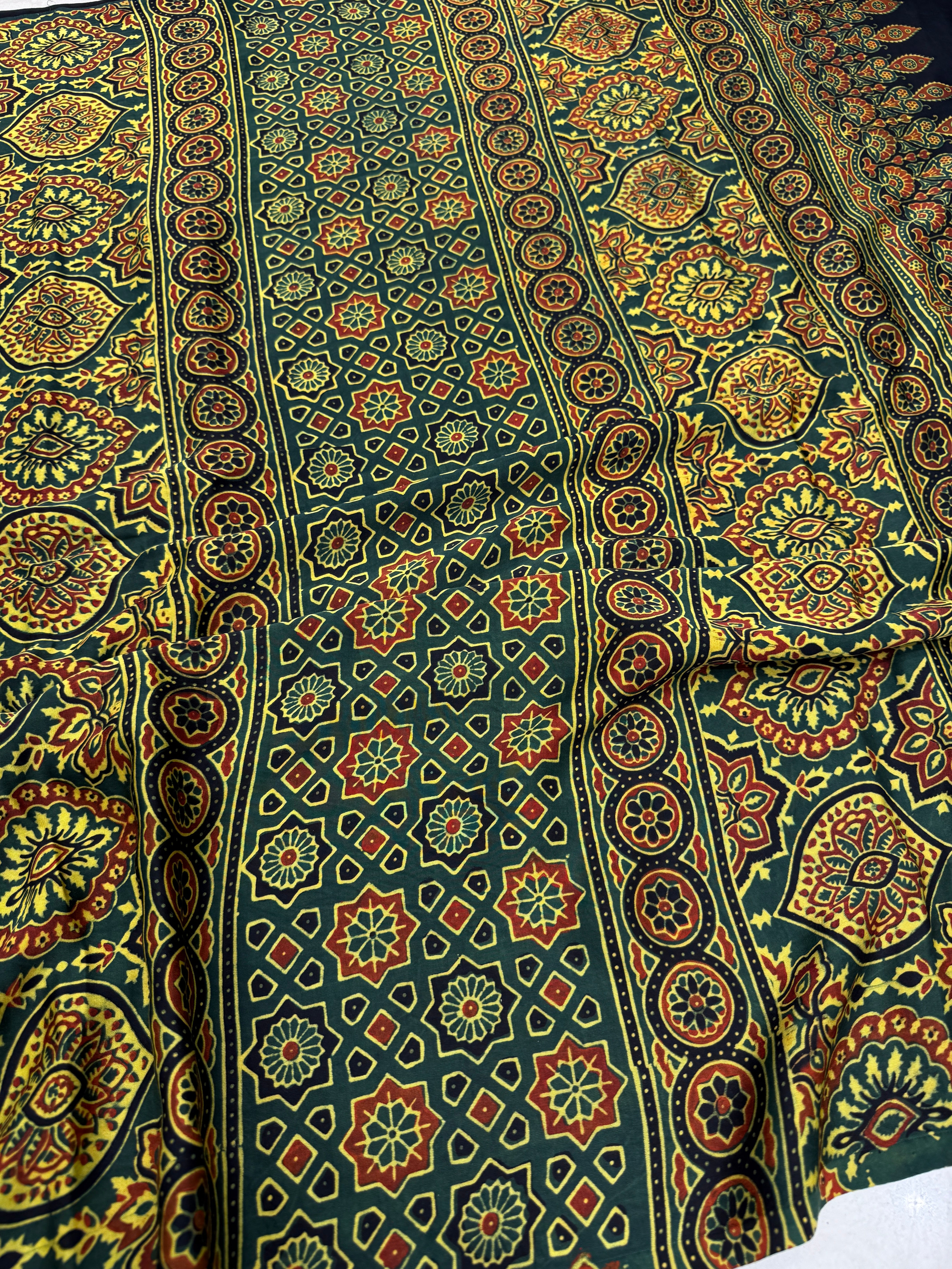 Green Floral Butti Ajrakh Modal Gajji Silk Saree