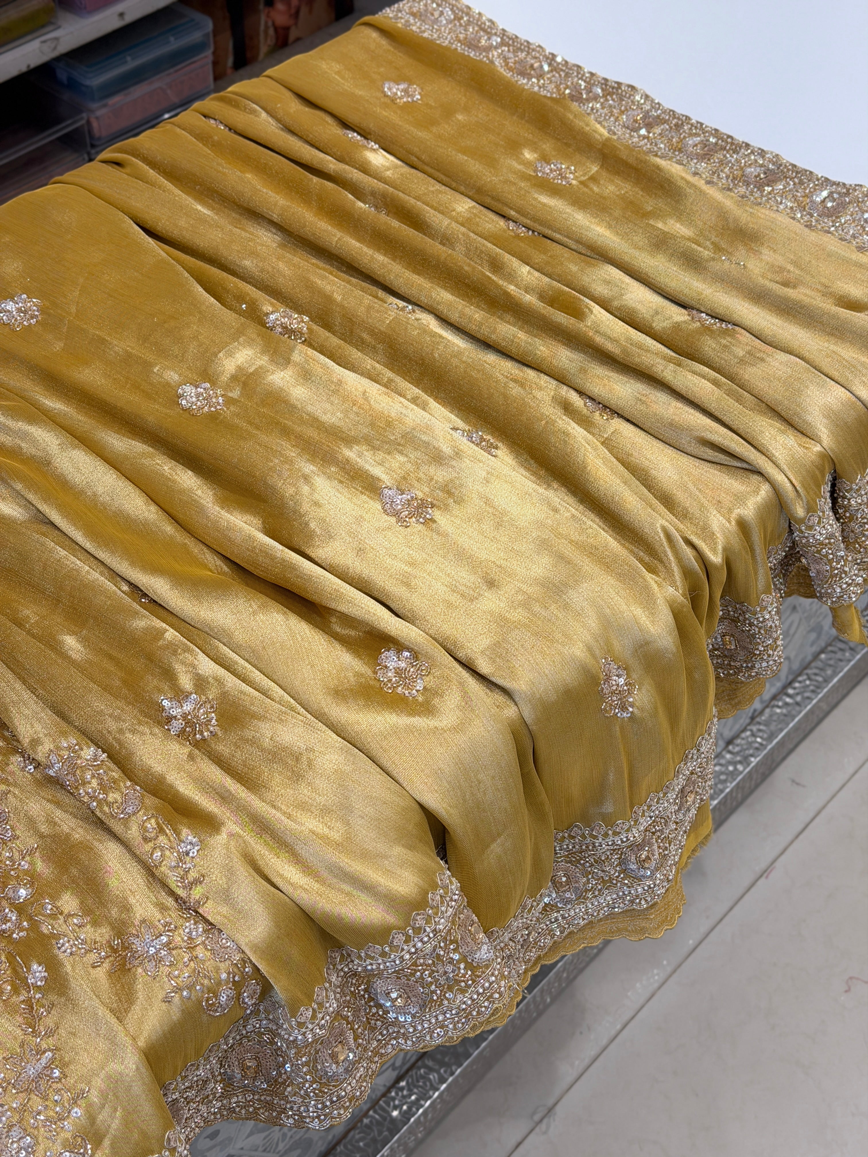 Yellow Tissue Half and Half Embroidery Cutdana Moti Jaal Saree