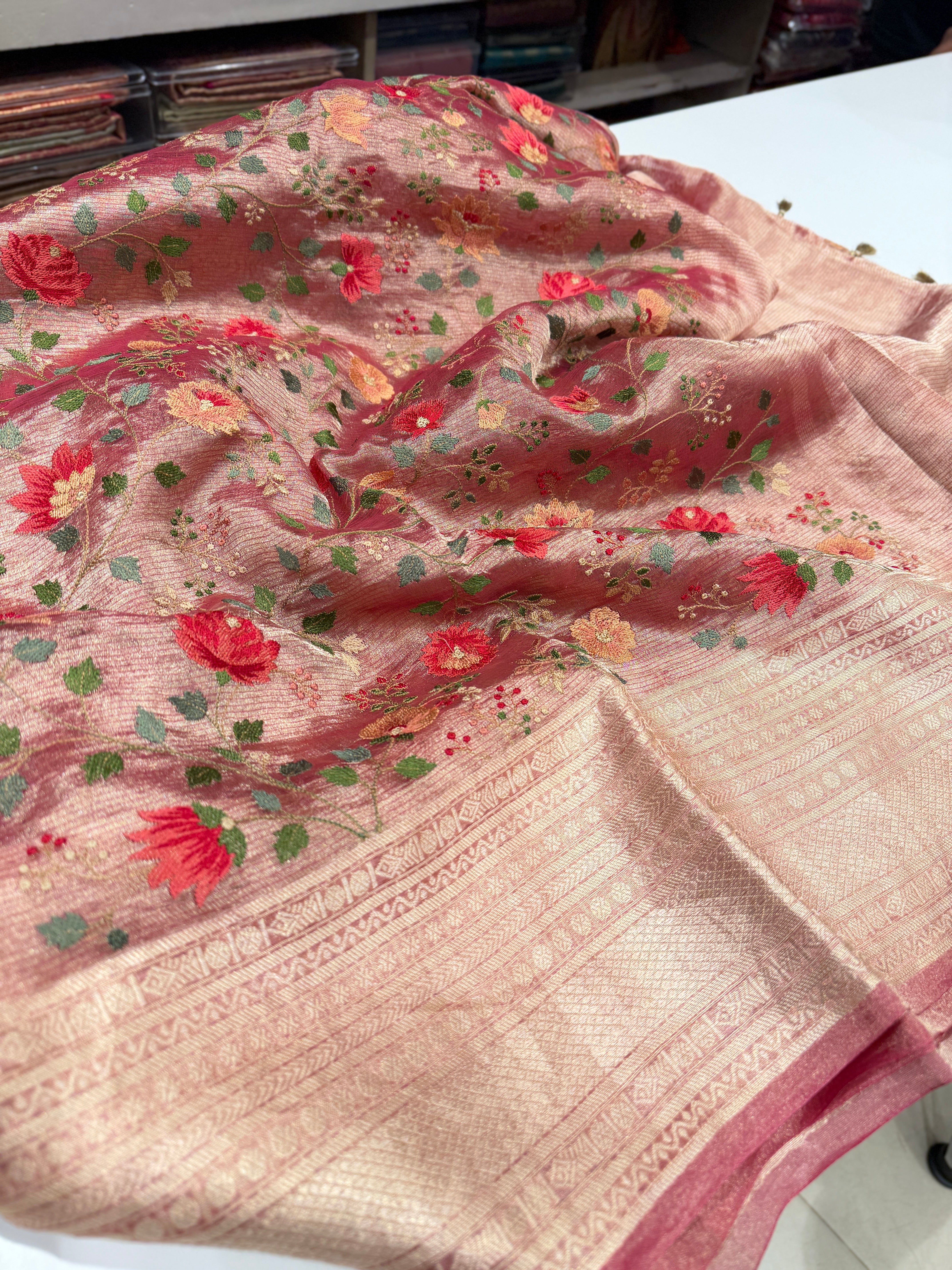 Crimson Zari Tissue Resham Embroidery Saree