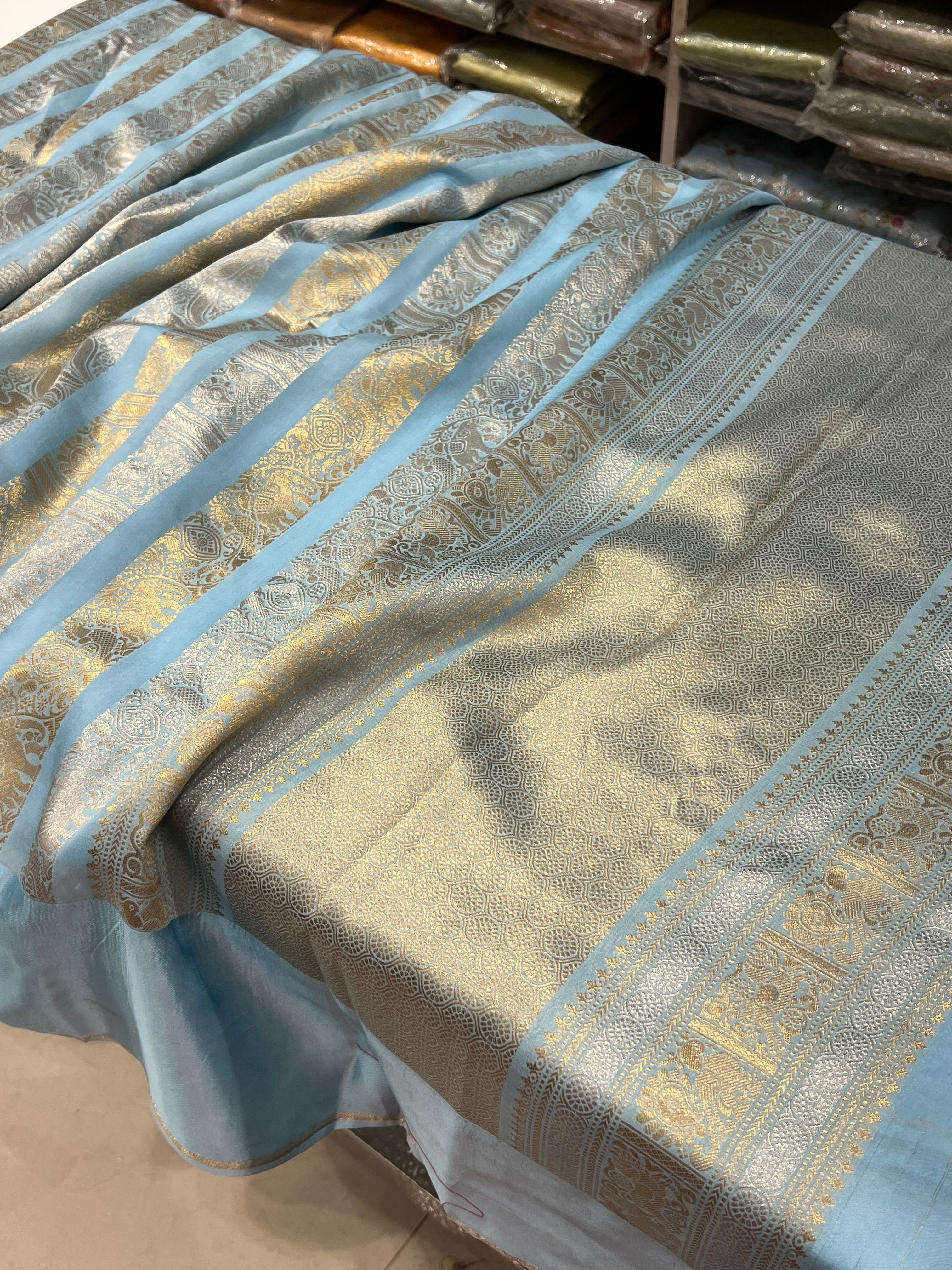 Nita Ambani Inspired Powder Blue Contemporary Banarasi Saree