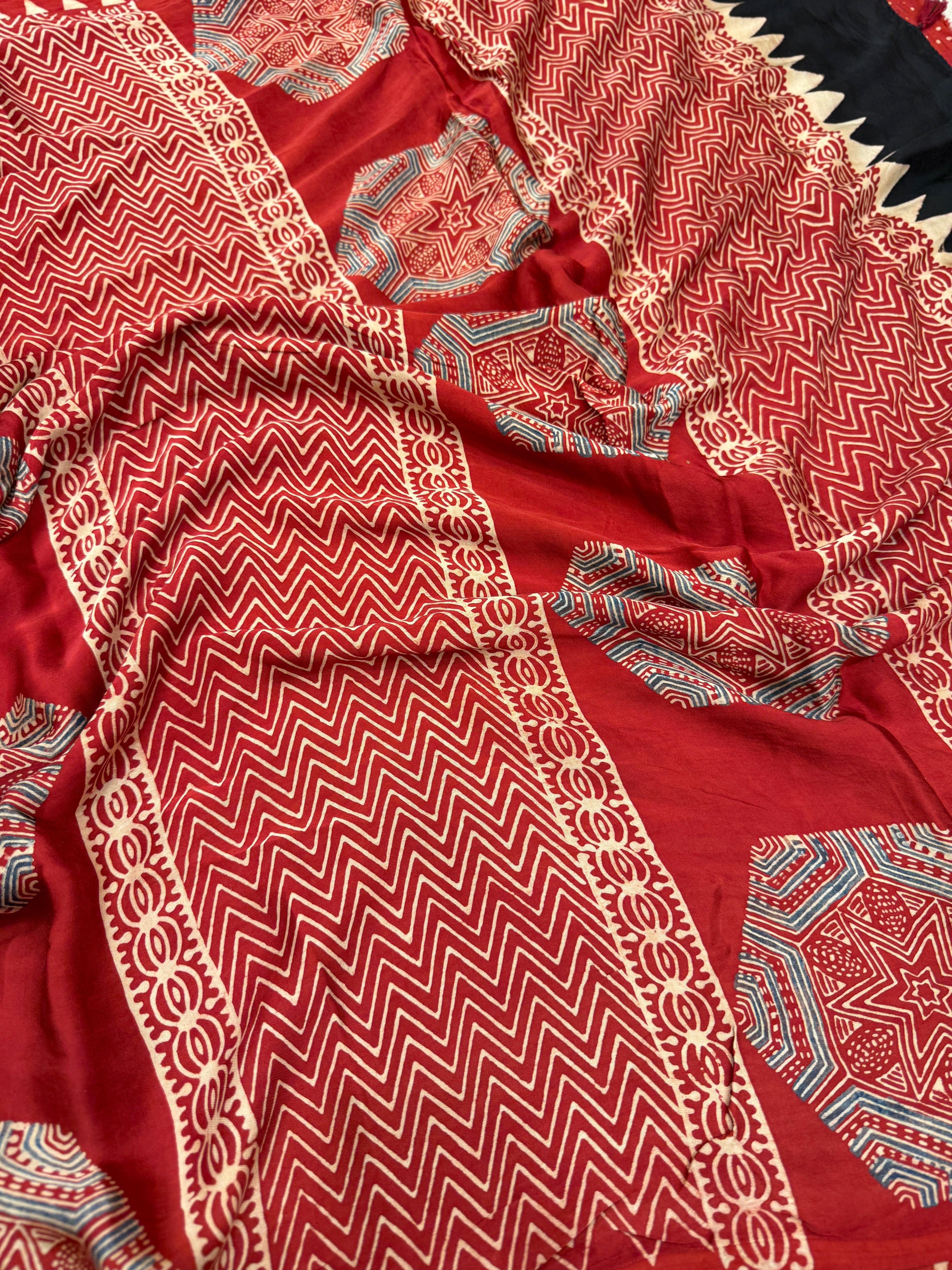 Red Hexa Butta Pallu Ajrakh Hand Block Print Pure Gajji Silk Saree