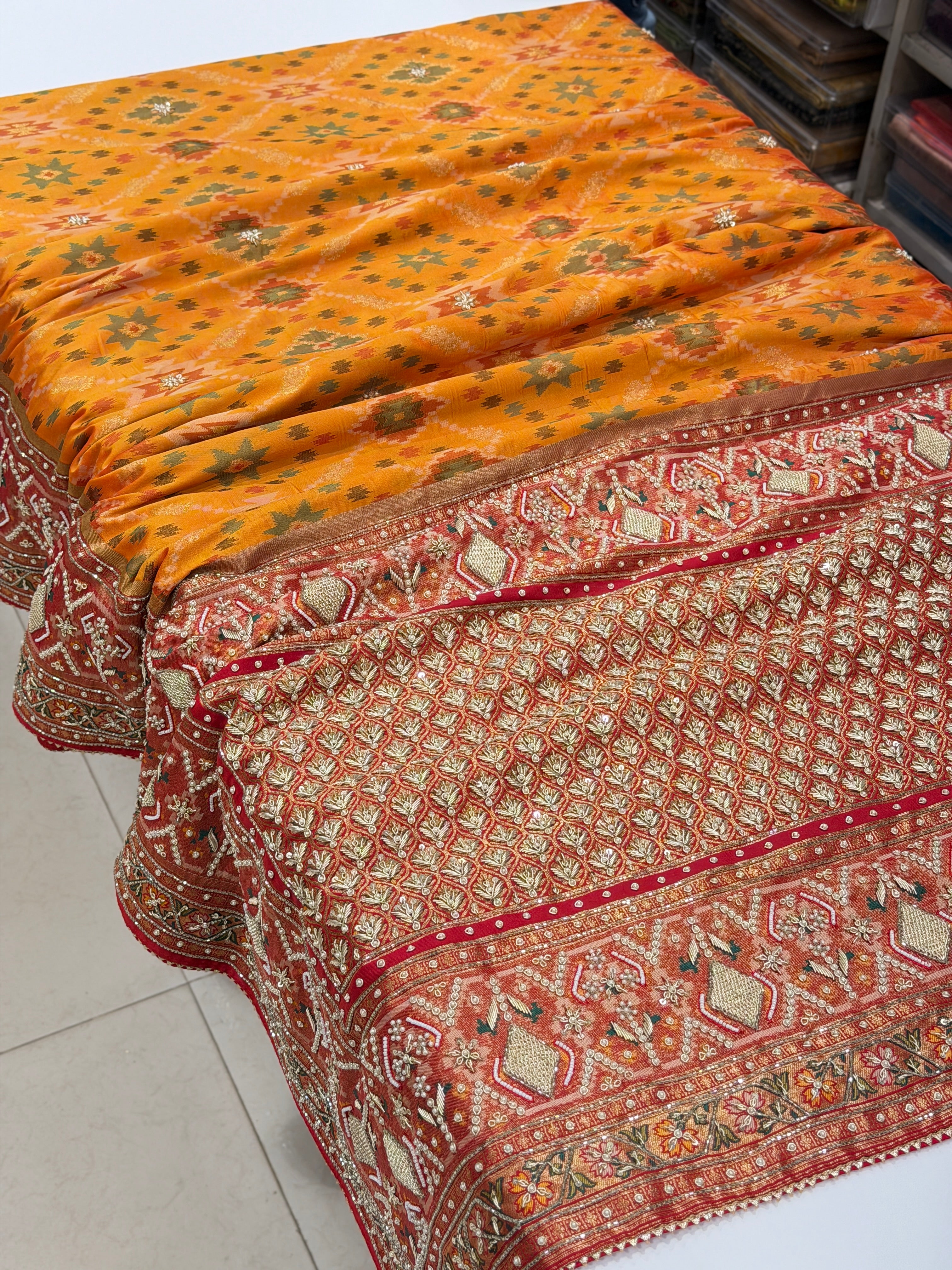 Rust Orange Big Jaal Patola Zardosi Hand Embroidery Saree