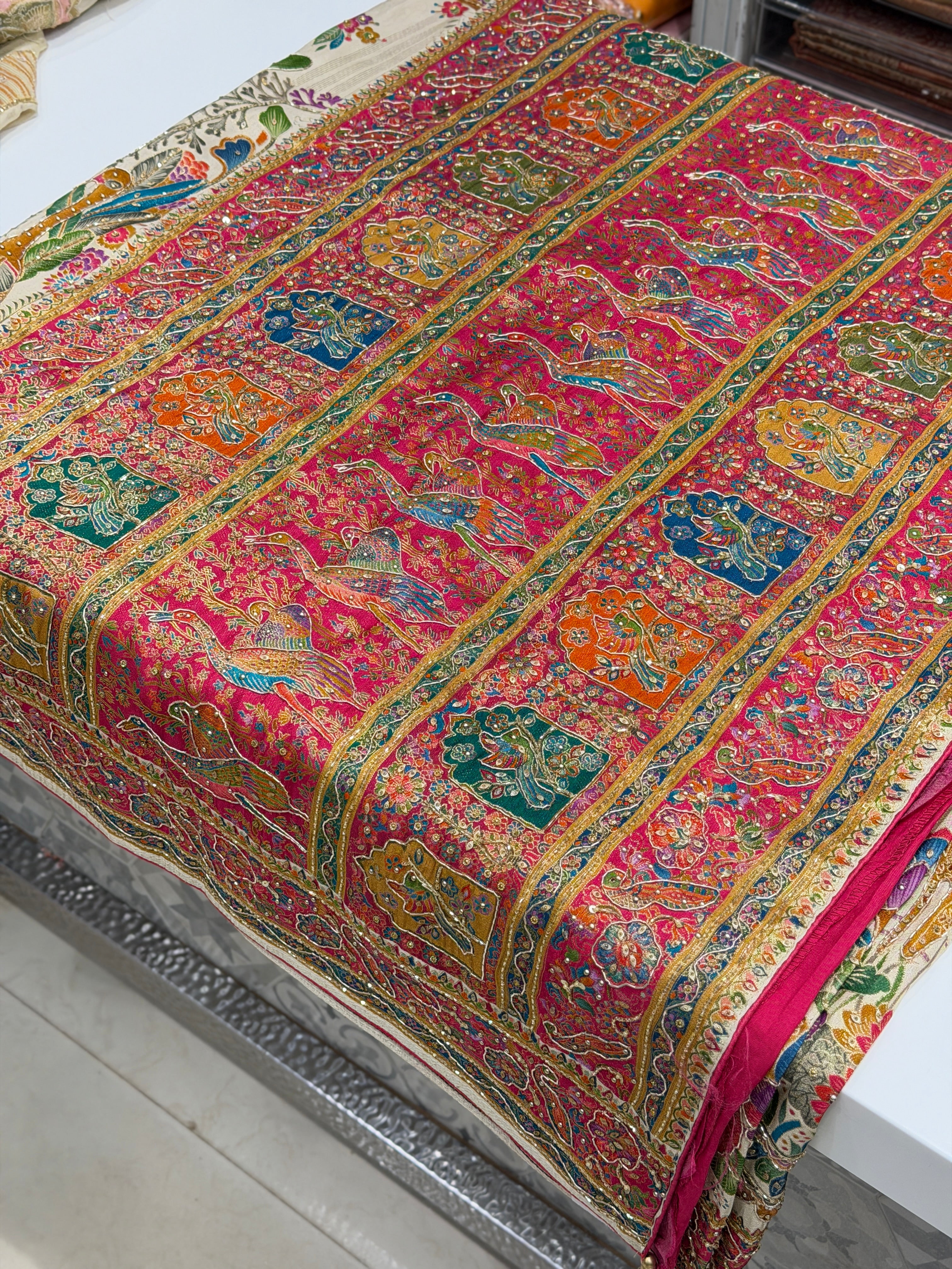 Beige Munga Forrest Essential Theme Pashmina Munga Hand Embroidery Saree