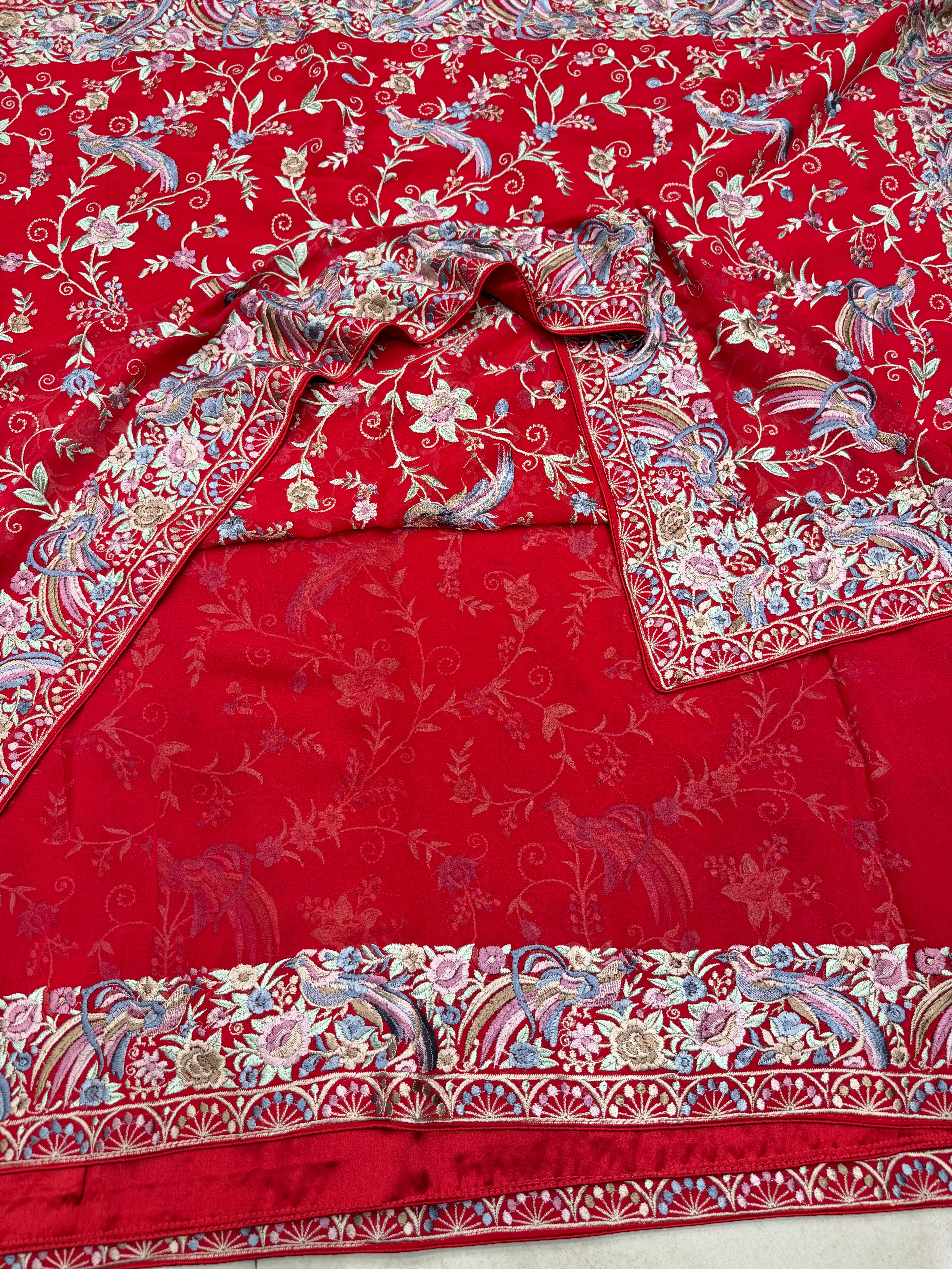 Red Georgette Meenakari Peacock Motif Jaal Parsi Gara Saree