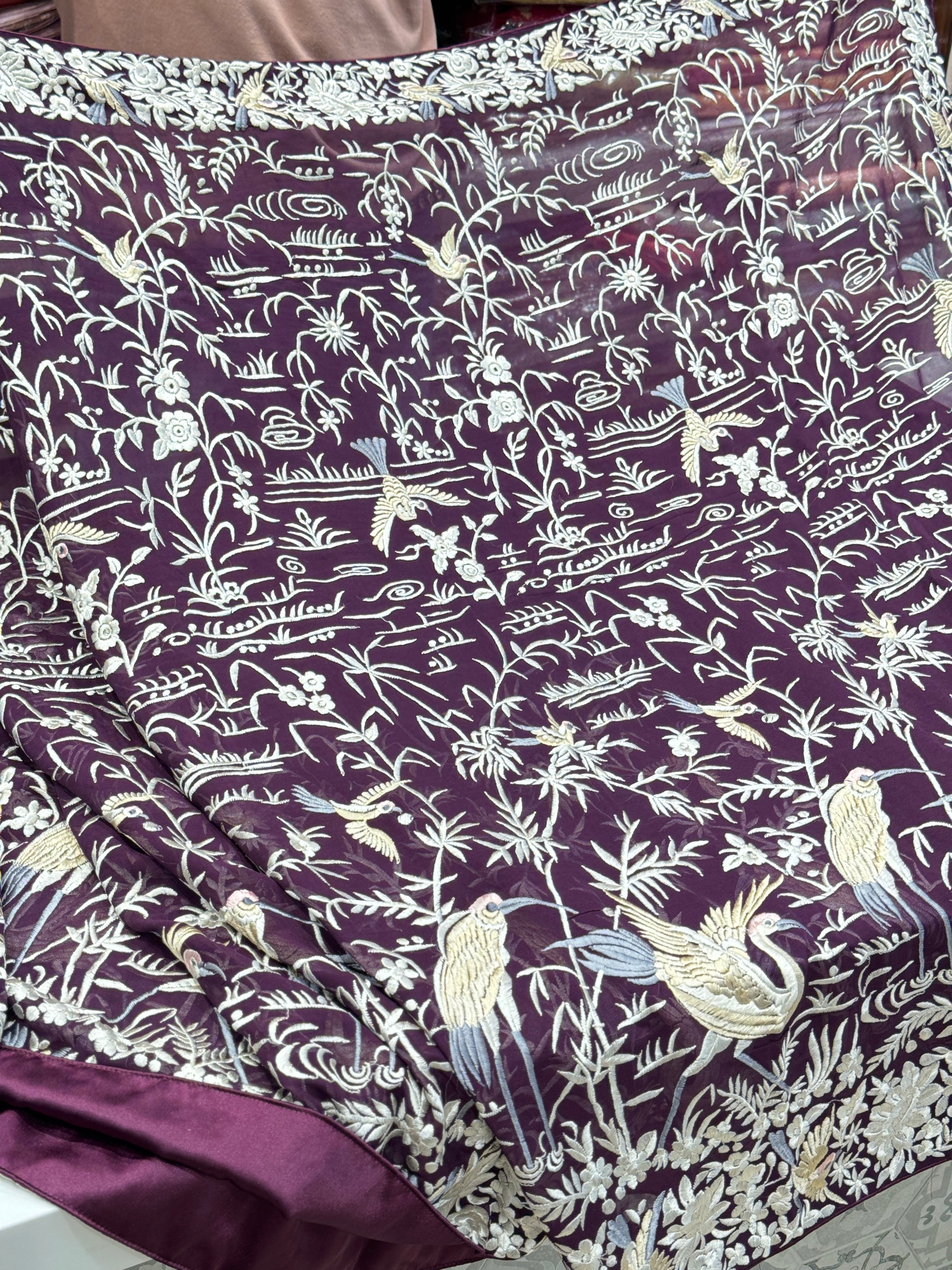 Wine Georgette Flying Flamingo Parsi Gara Saree