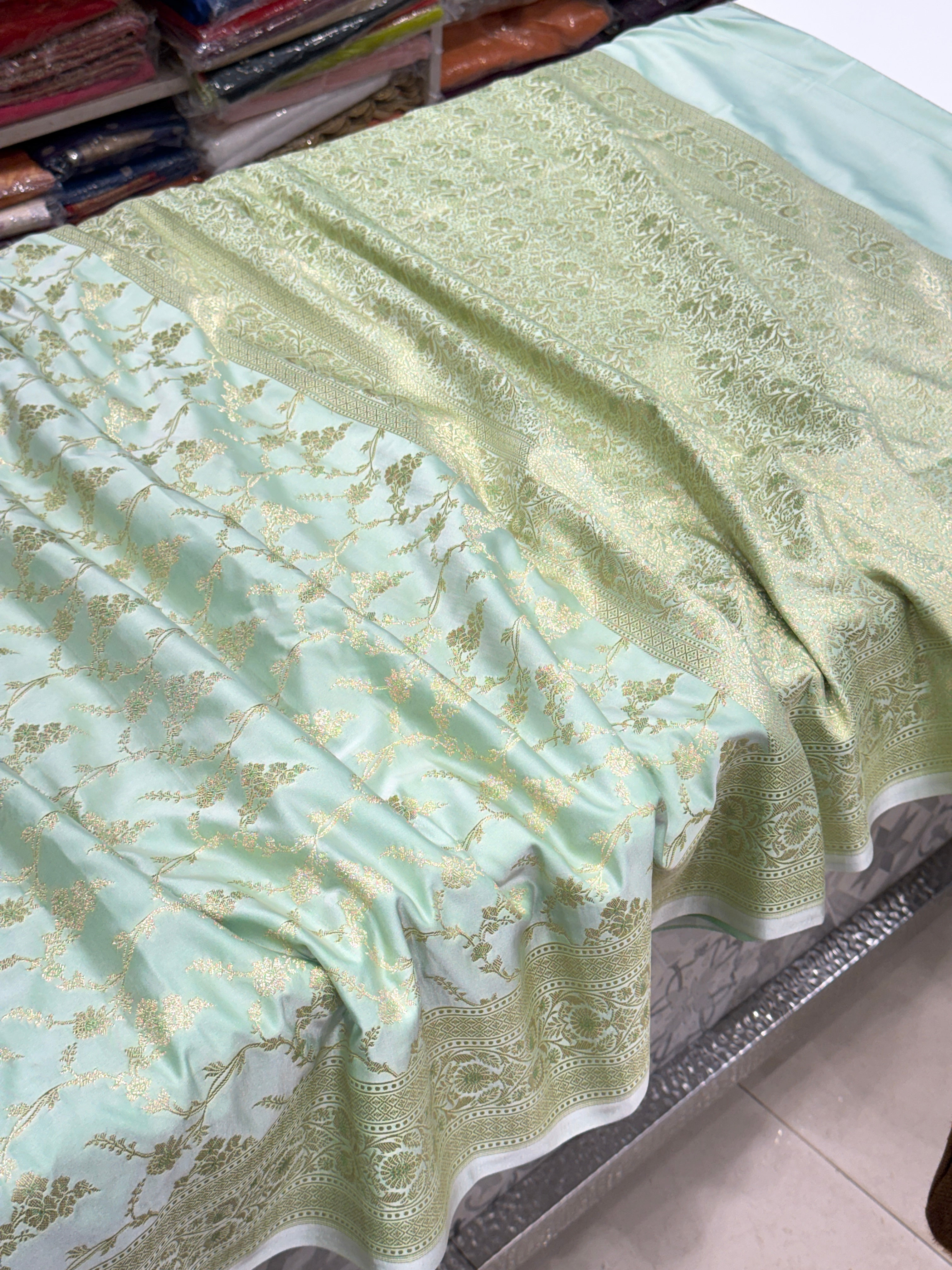 Pista Green Jasmine Jaal Banarasi Silk Saree
