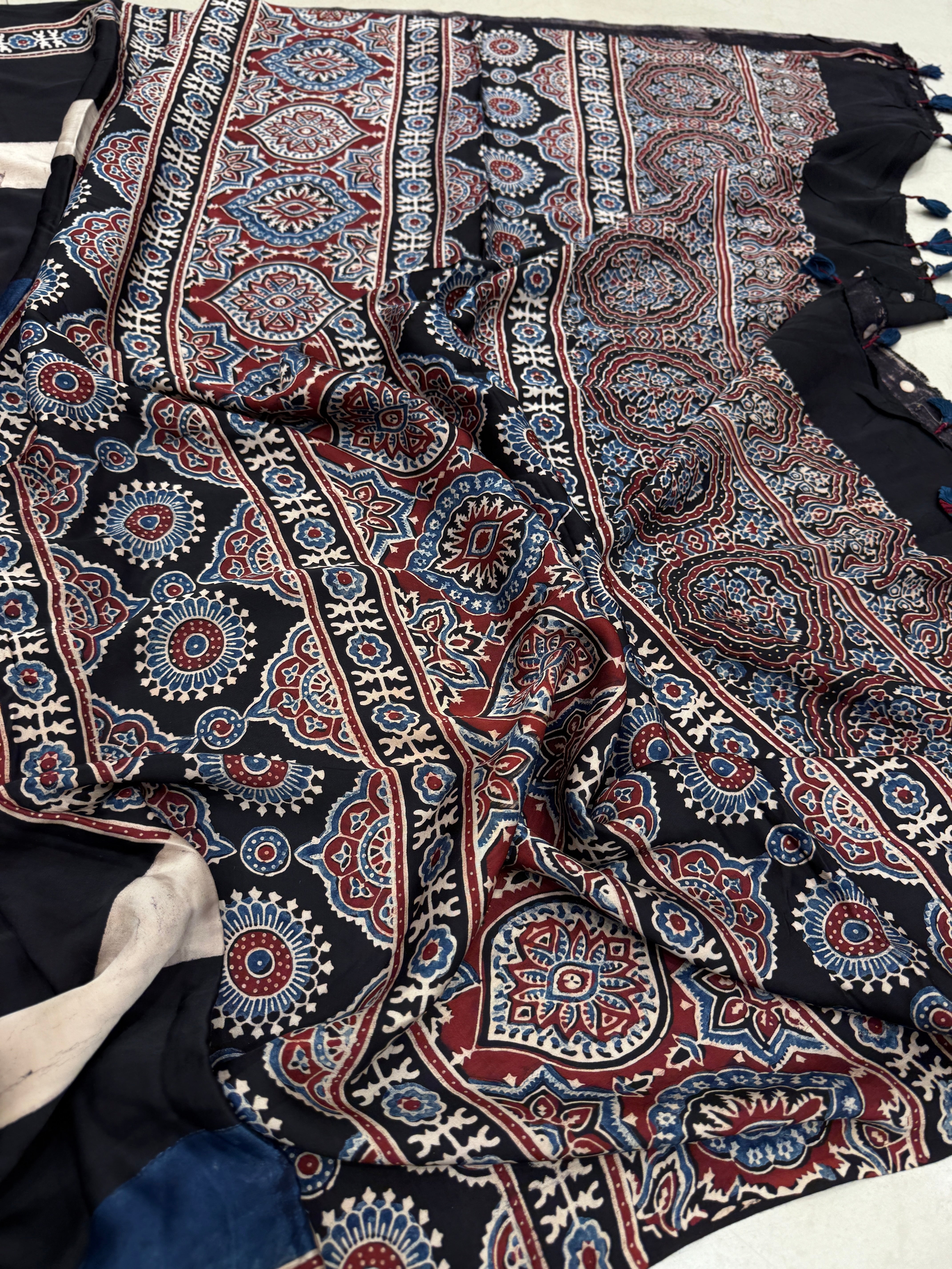 Black Contemporary Line Modal Silk Ajrakh Sareee