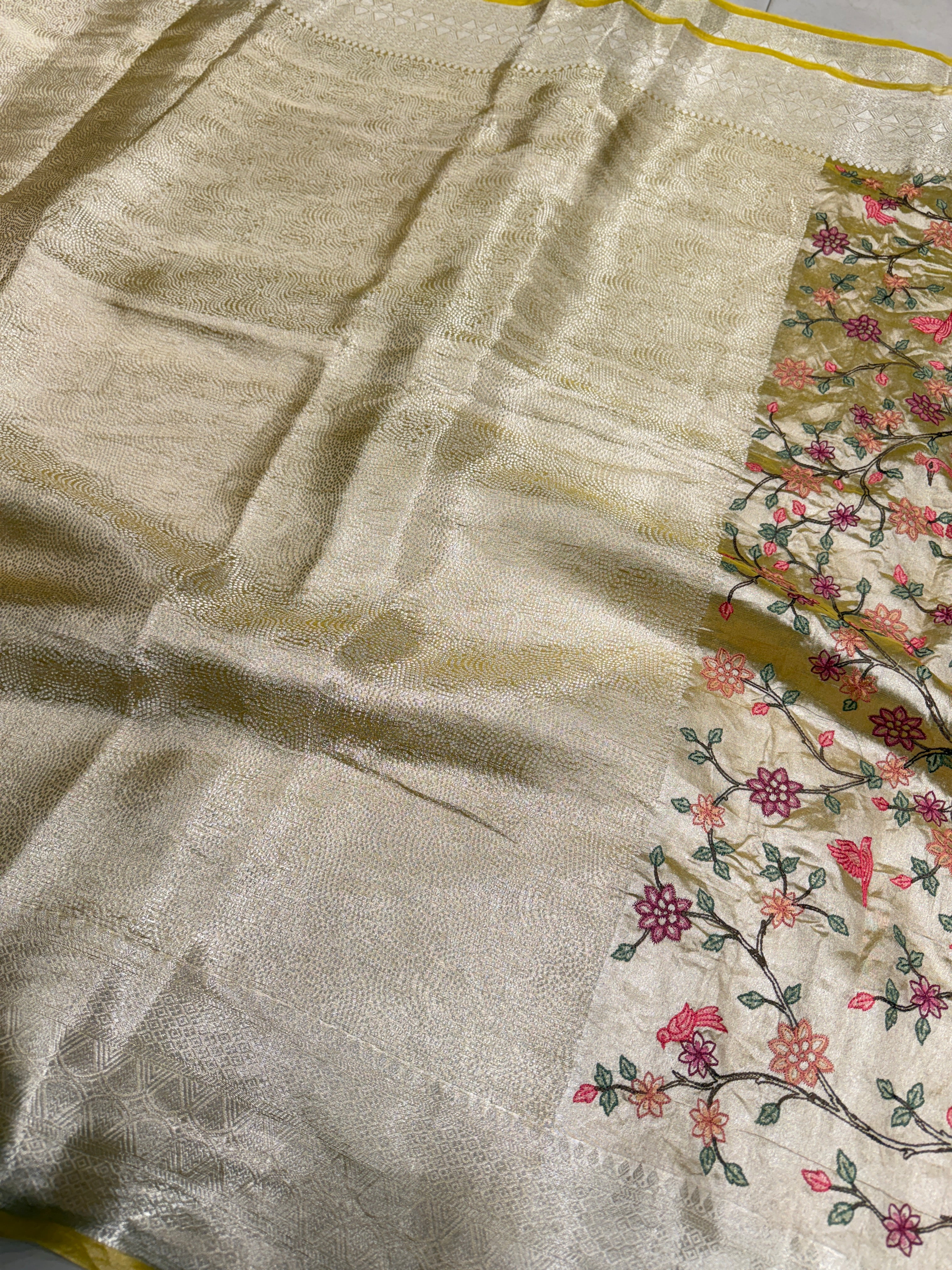 Yellow Handloom Tissue Peacock Contemporary Resham Embroidery Saree