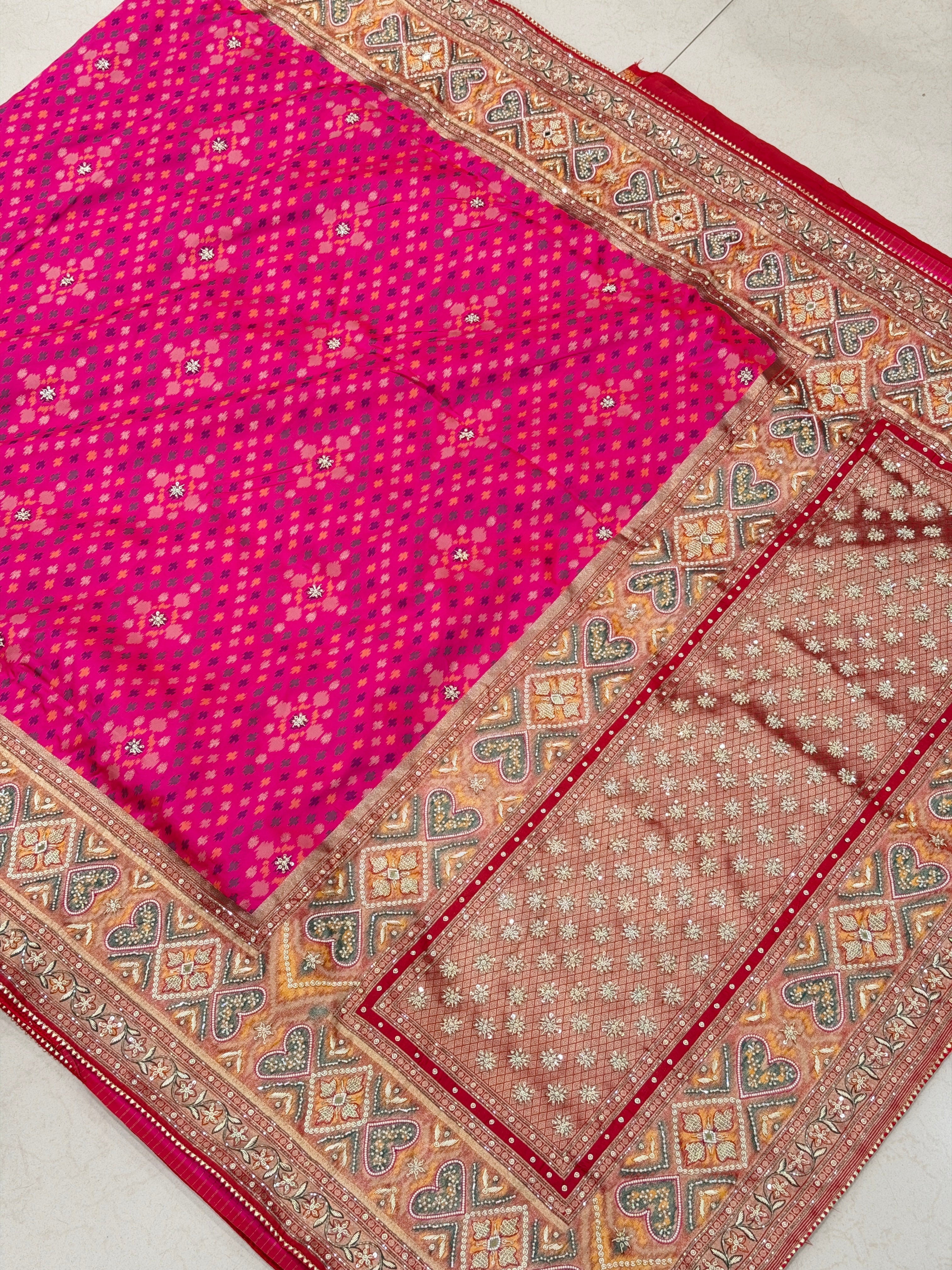 Rani Pink Patola Zardosi Hand Embroidery Saree Small Ikat