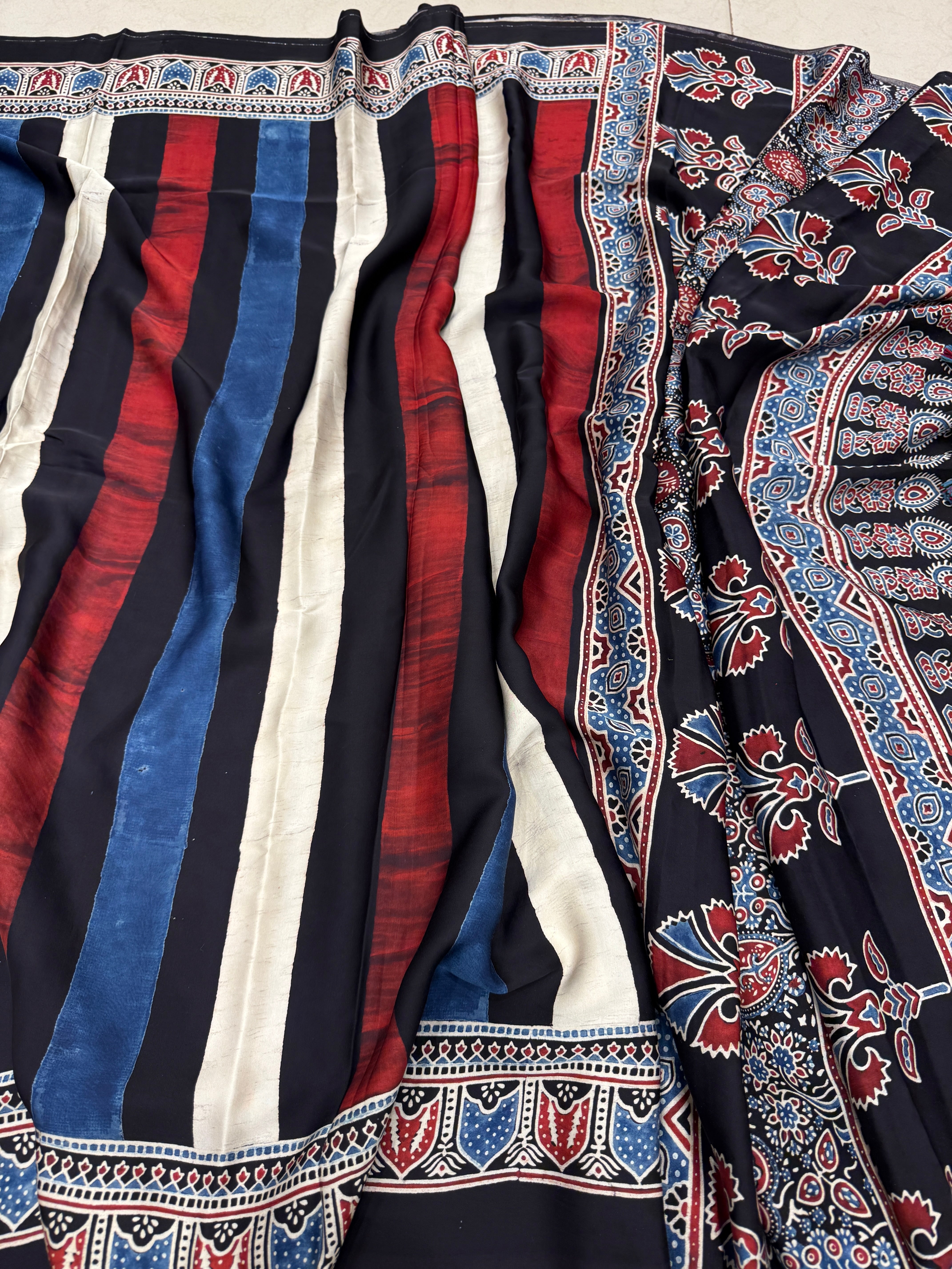 Contemporary Multi Ajrakh Block Print Hand Pure Gajji Silk Saree