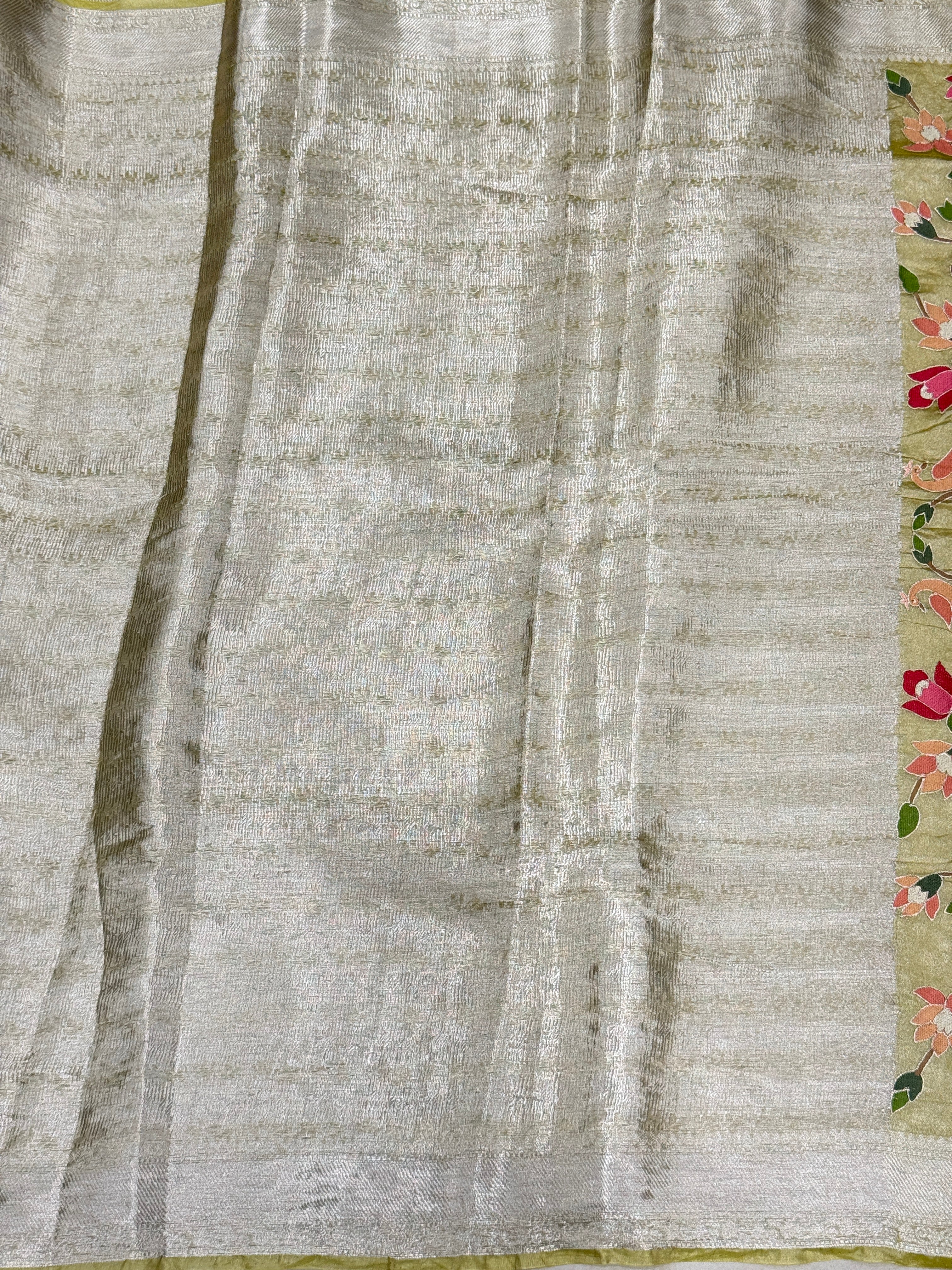 Yellow Silver Handloom Tissue Swans Contemporary Resham Embroidery Saree