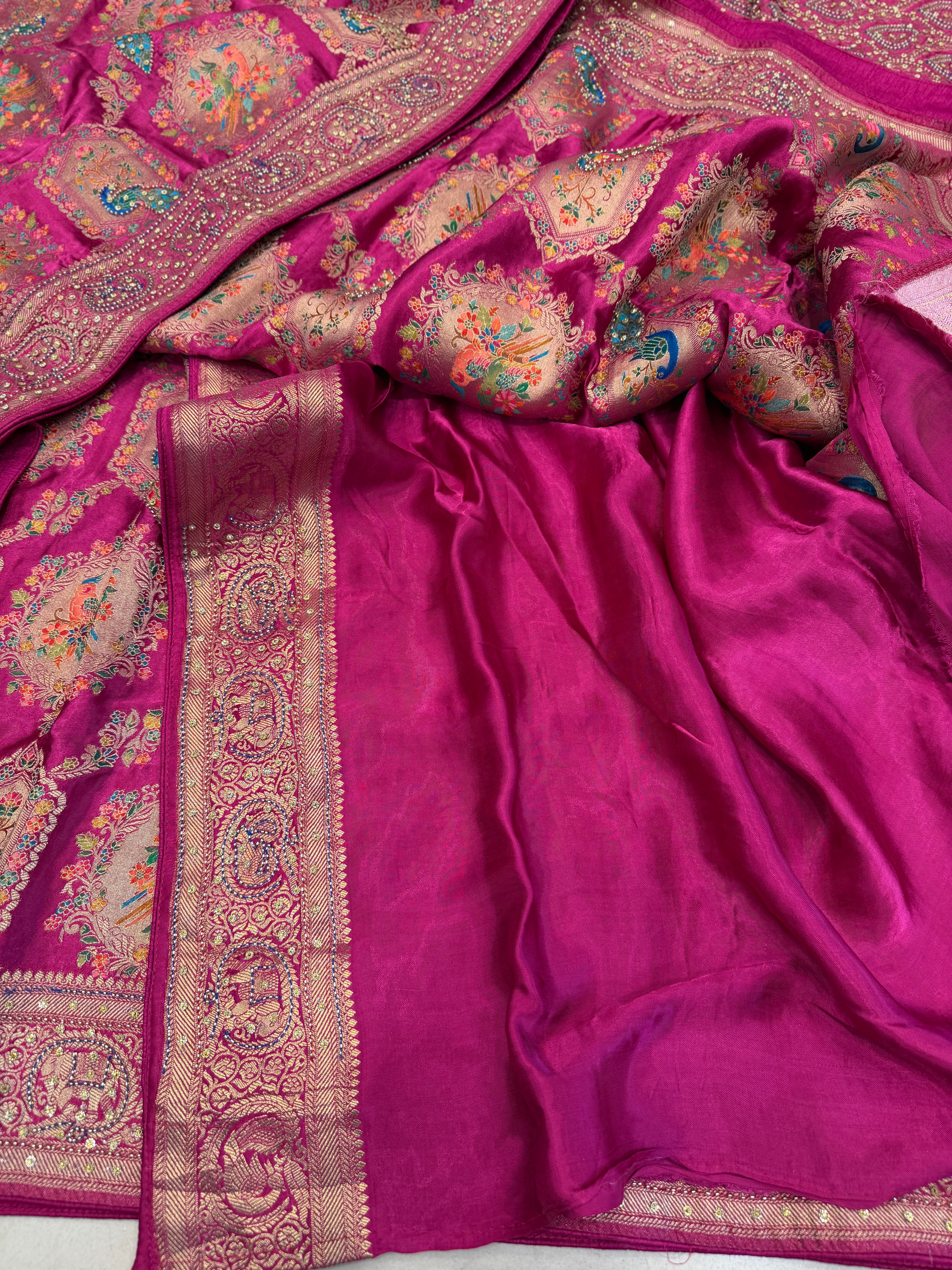 Wine Banarasi Modal Peacock Motif Kutchi Hand Embroidery Saree