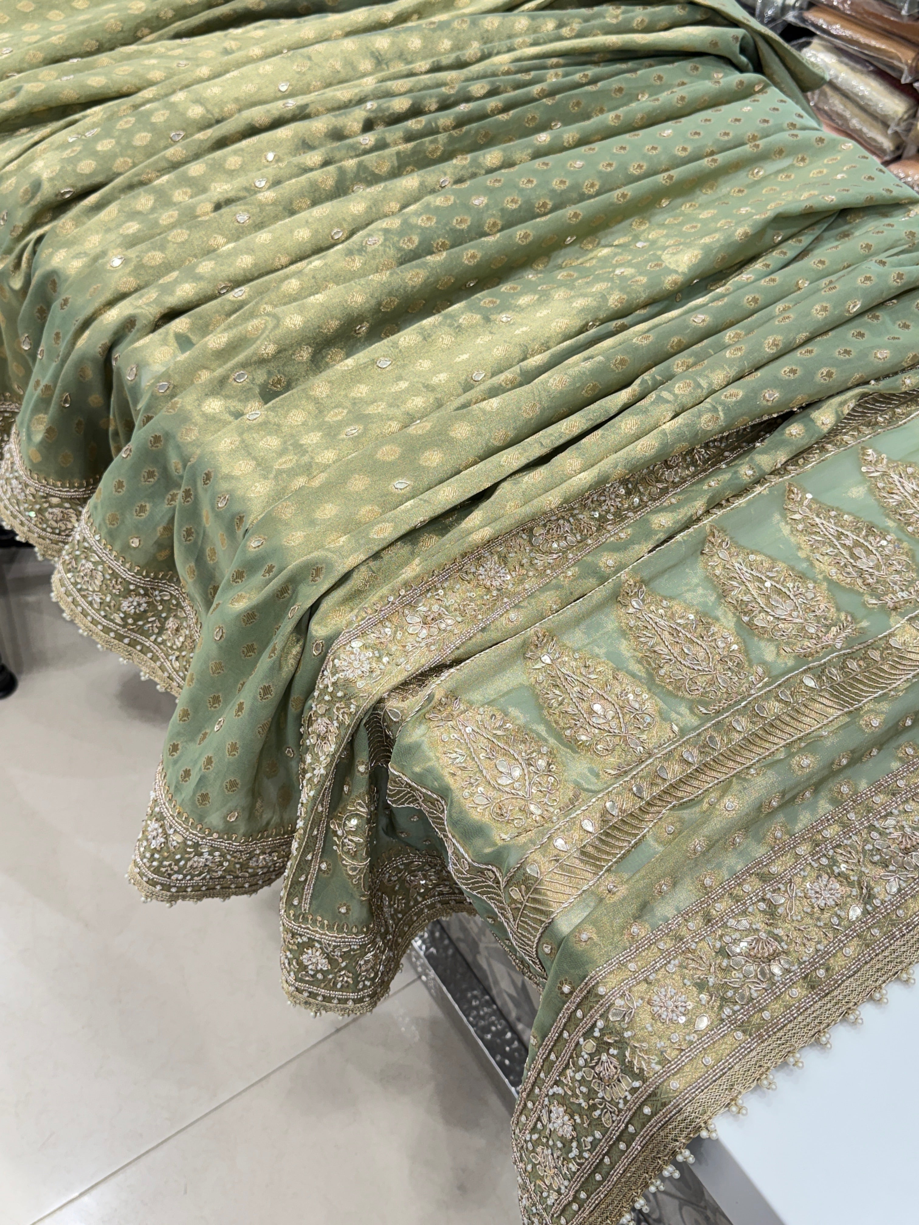 Pista Green Tissue Buttis Zardosi Gota Hand Embroidery Saree