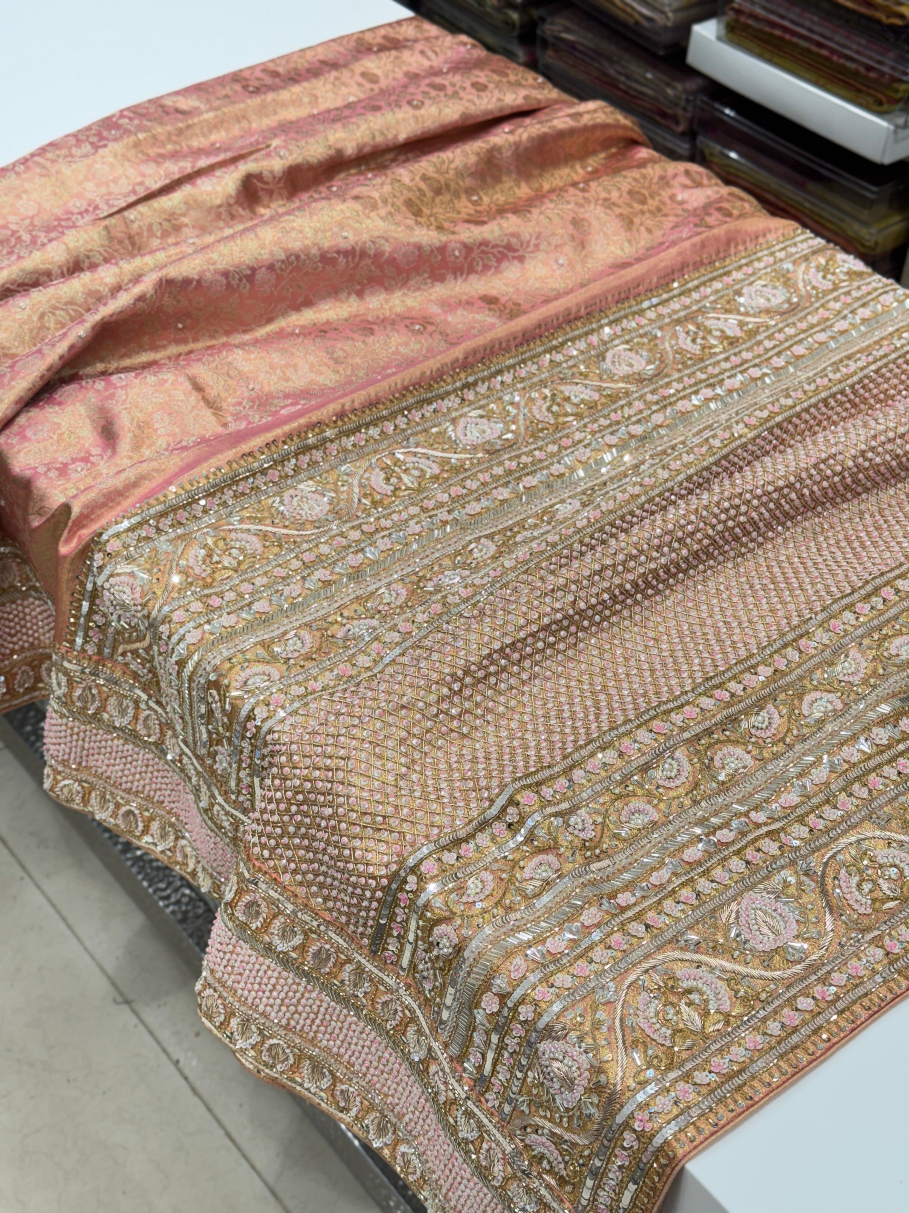 Pink Jaal Tissue Kanjivaram Hand Embroidery Saree