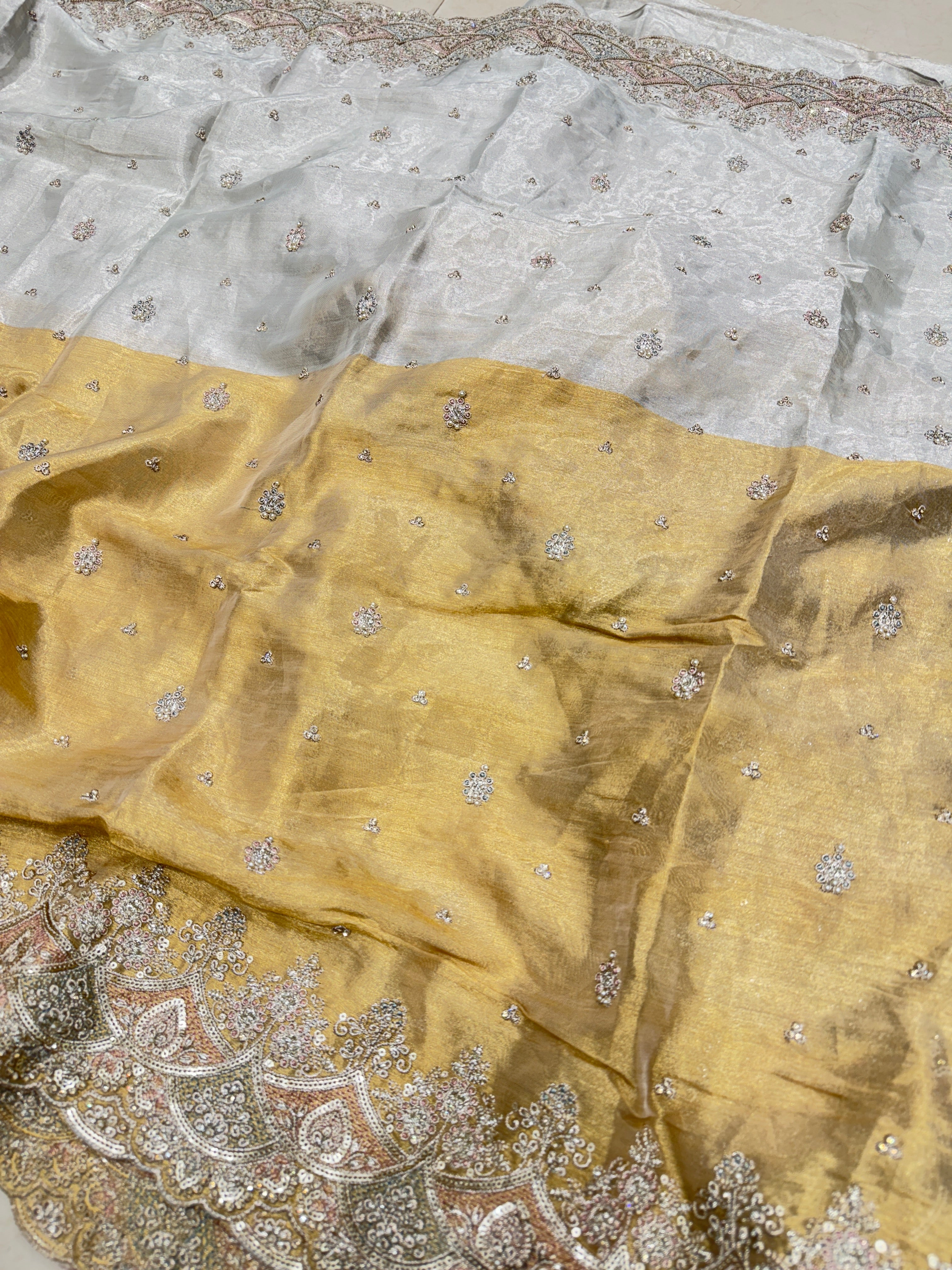 Golden Silver Soft Tissue Pita Double Scallop Embroidery Saree