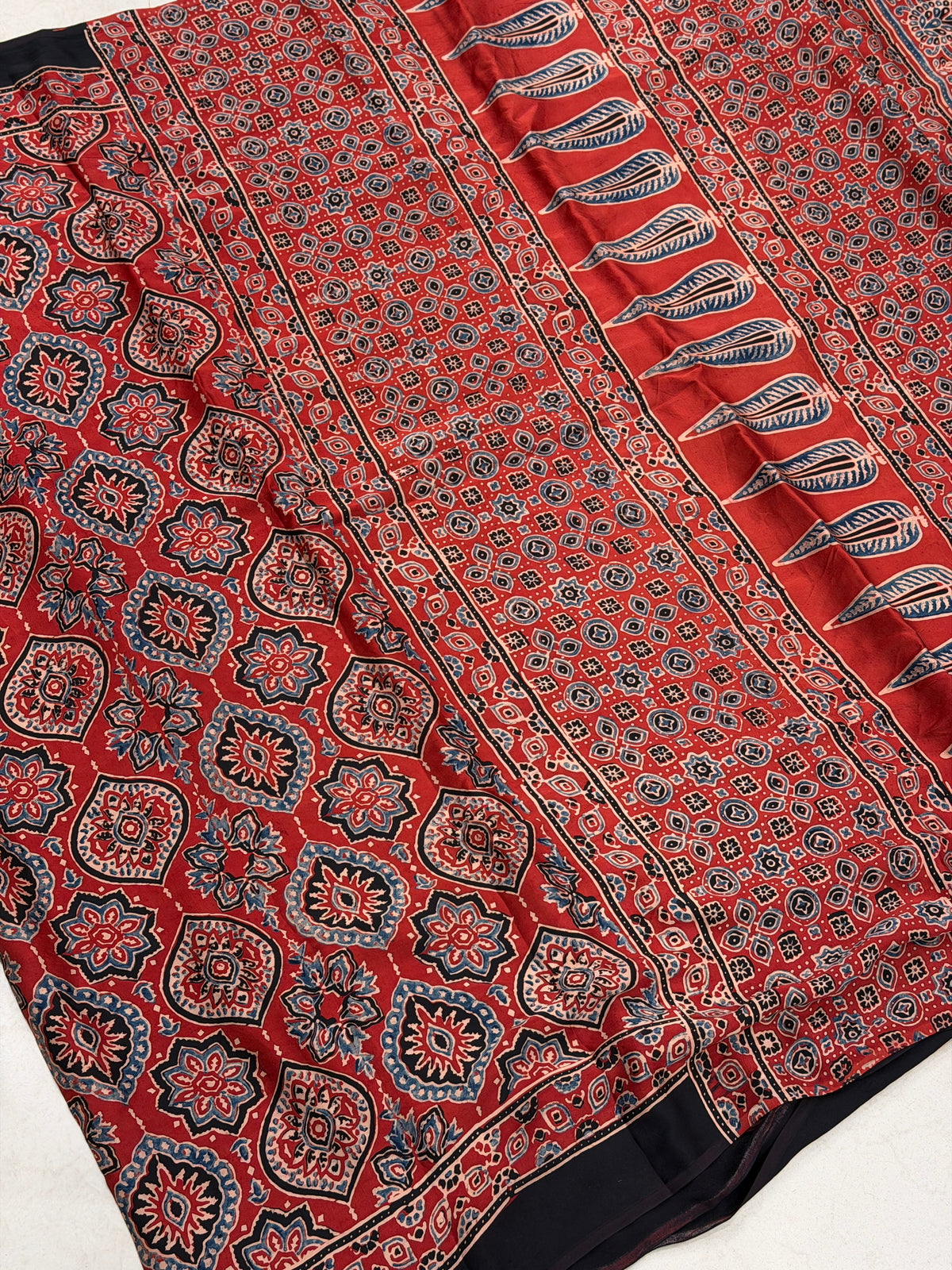 Red Badam Butta Jaal Ajrakh Hand Block Print Pure Gajji Silk Saree