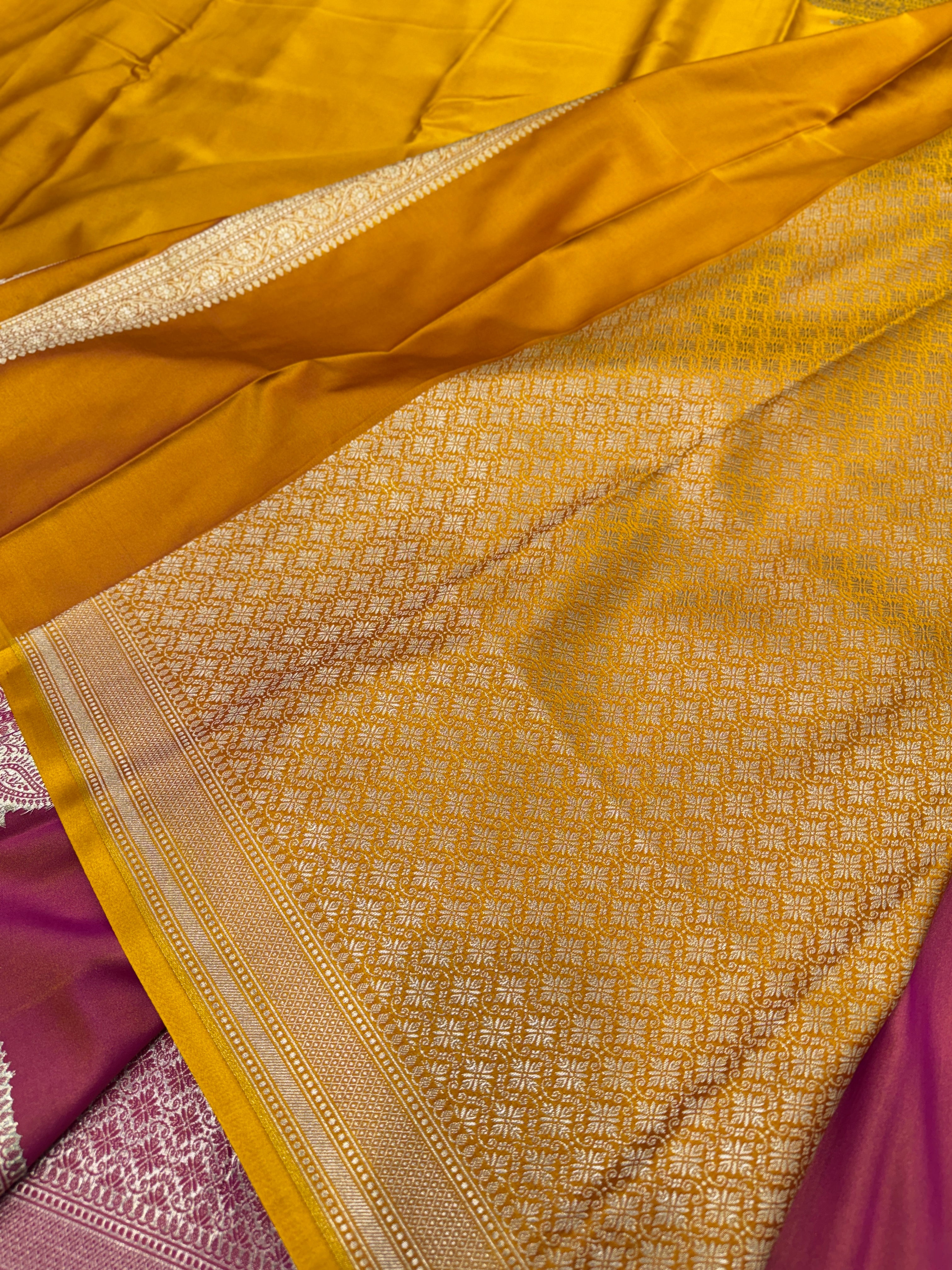 Mustard Yellow Banarasi Silk Plain Small Border Saree