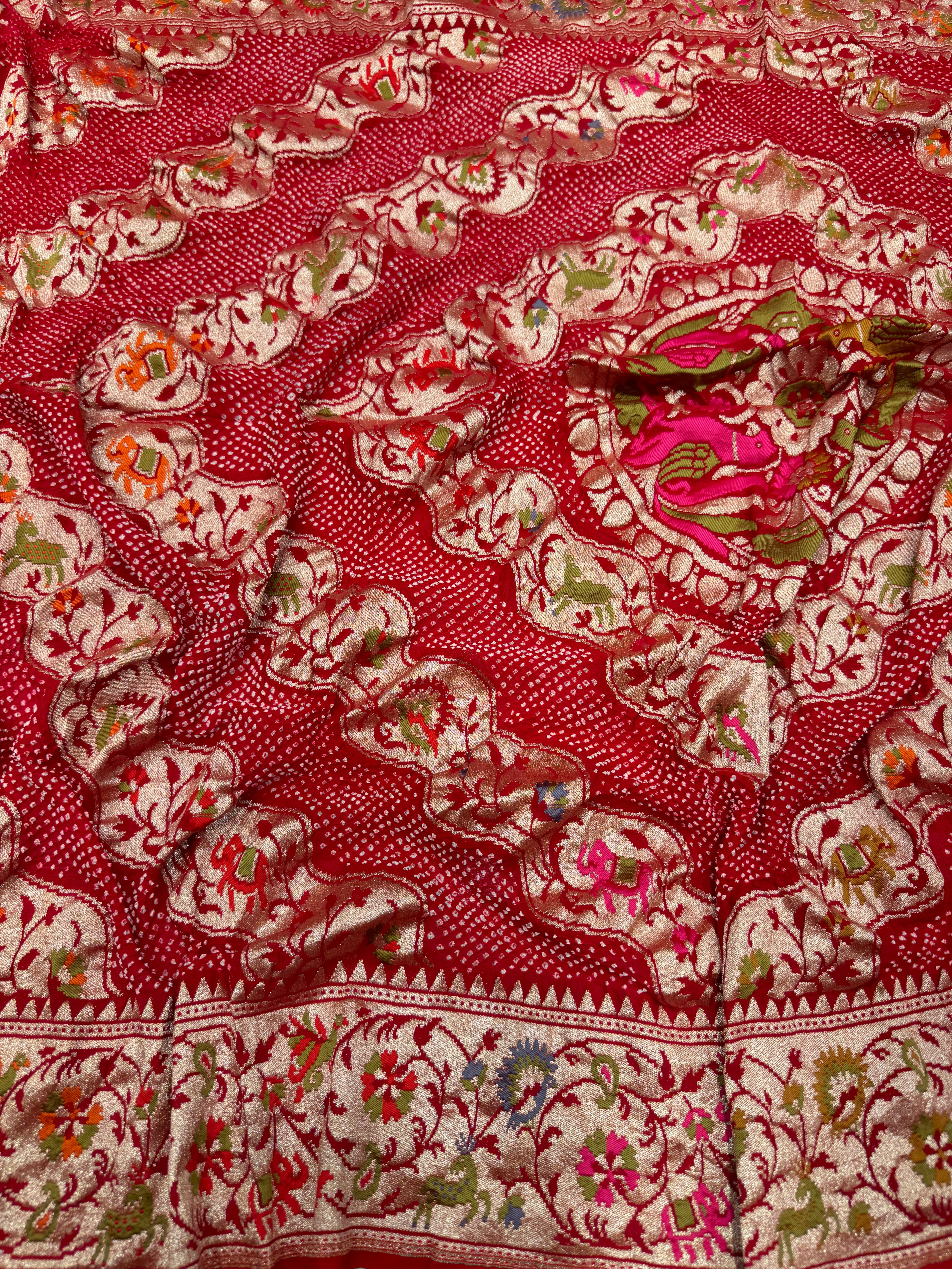 Red Leheriya Style Handloom Meenakari Rai Bandhej Pure Zari Dupatta