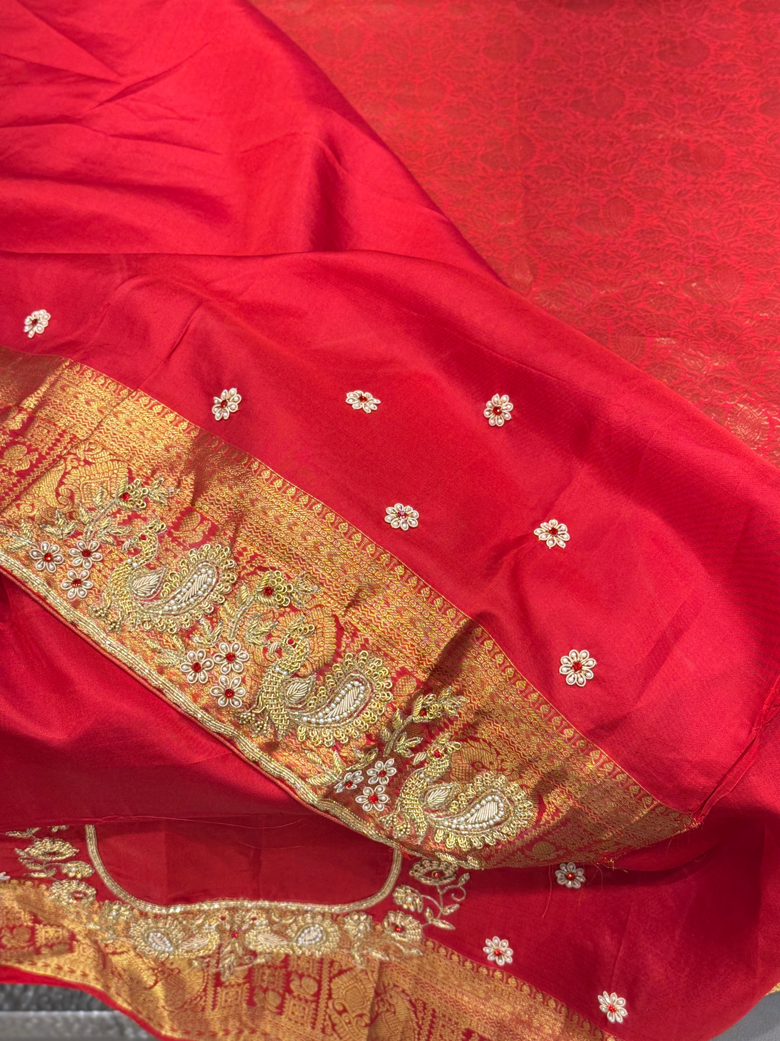 Red Kanjivaram Peacock Motif Zardozi Hand Embroidery Saree