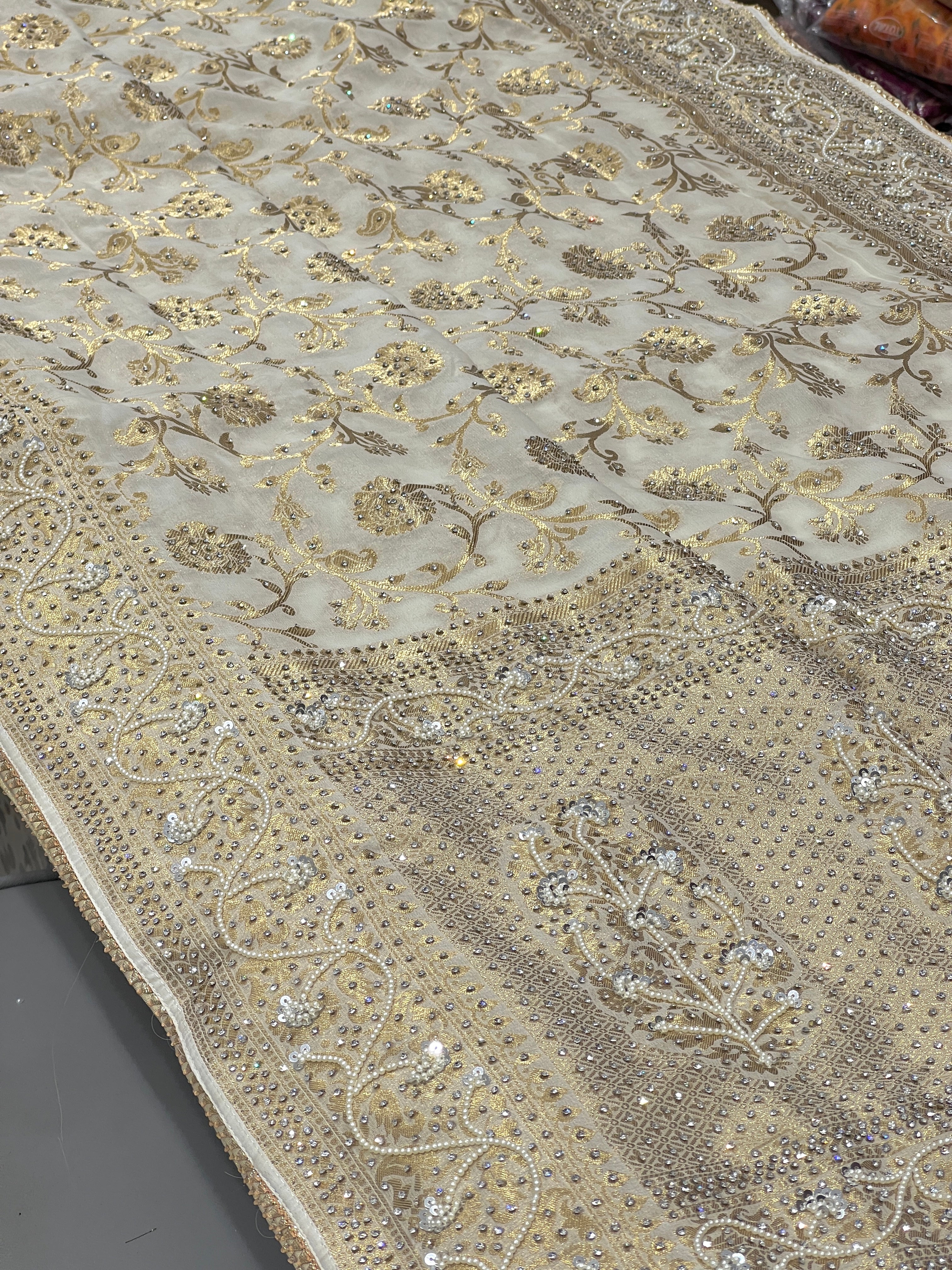 Beige Baghban Jaal Banarasi Georgette Hand Embroidery Saree