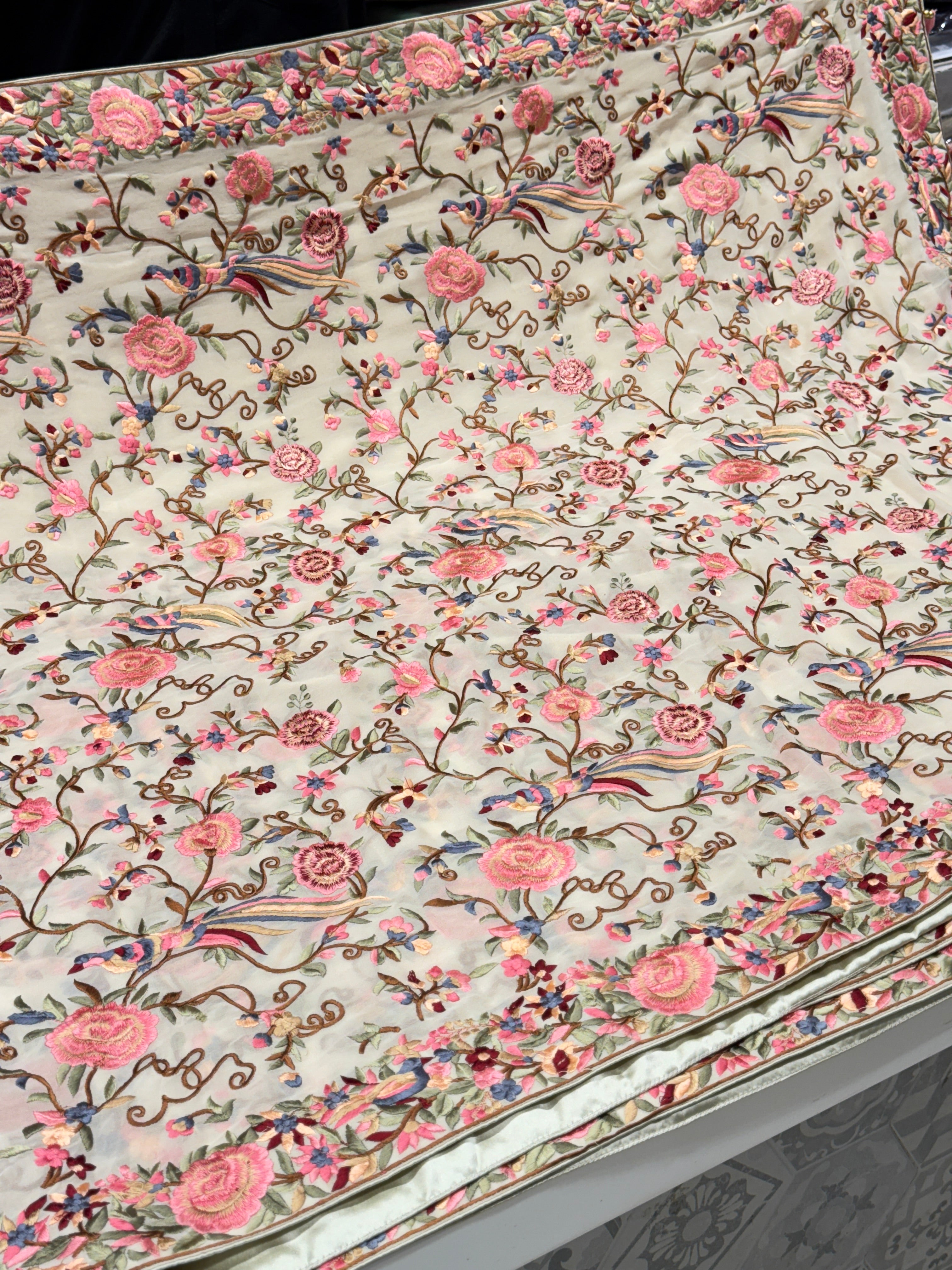 White Georgette Multi Colour Jaal Flamingo Parsi Gara Saree