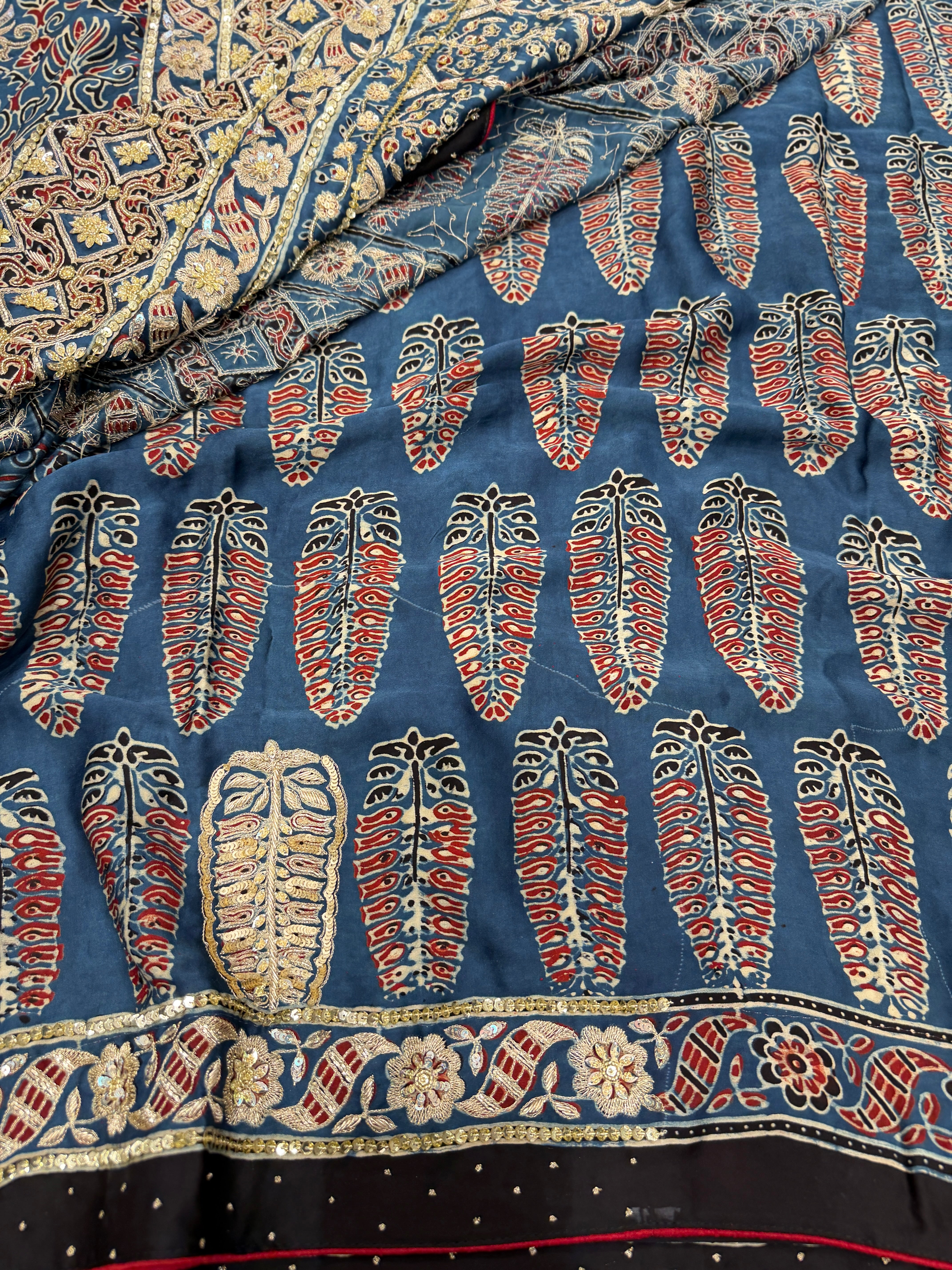 Blue Floral Butta Pita Sequin Ajrakh Hand Embroidery Saree