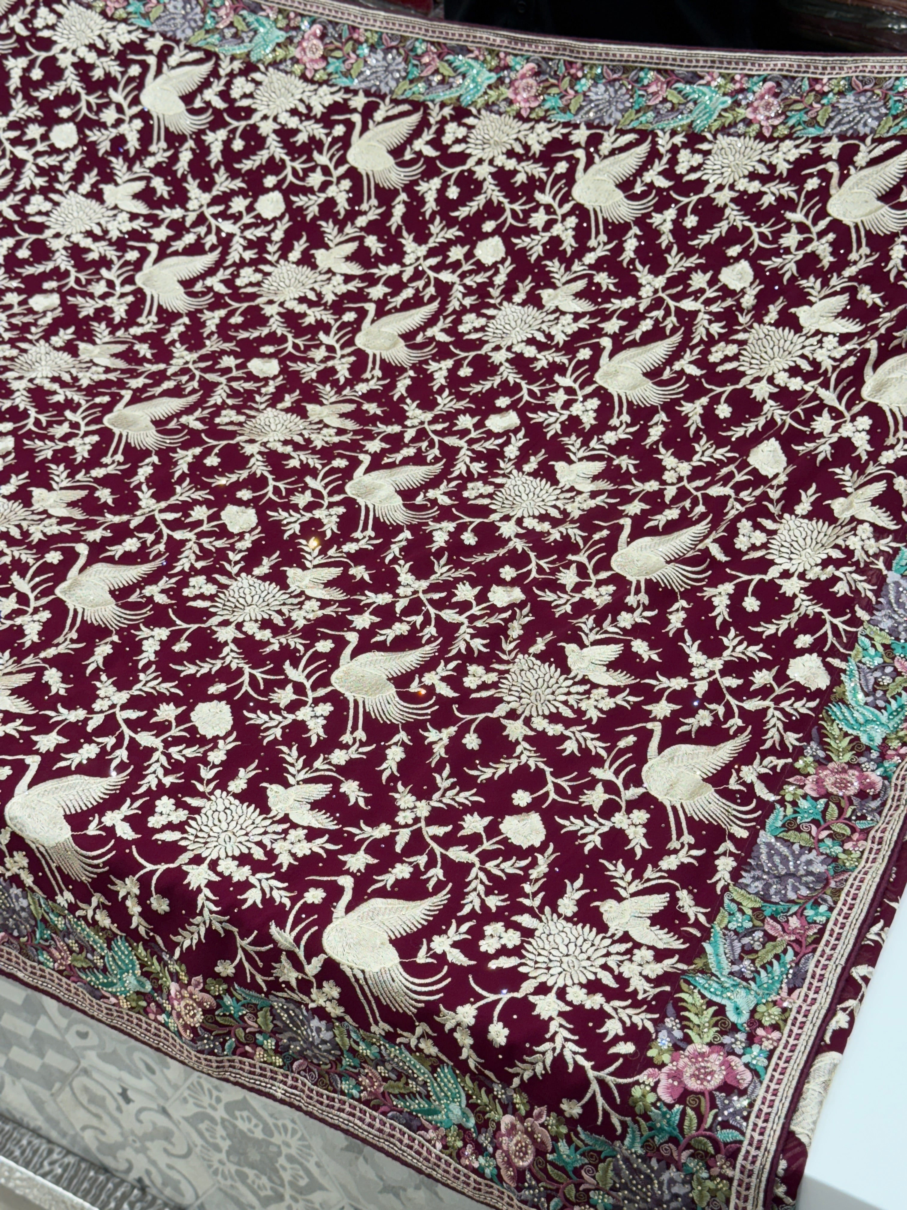 Wine Parsi Gara Saree with Stone Work Resham Embroidery