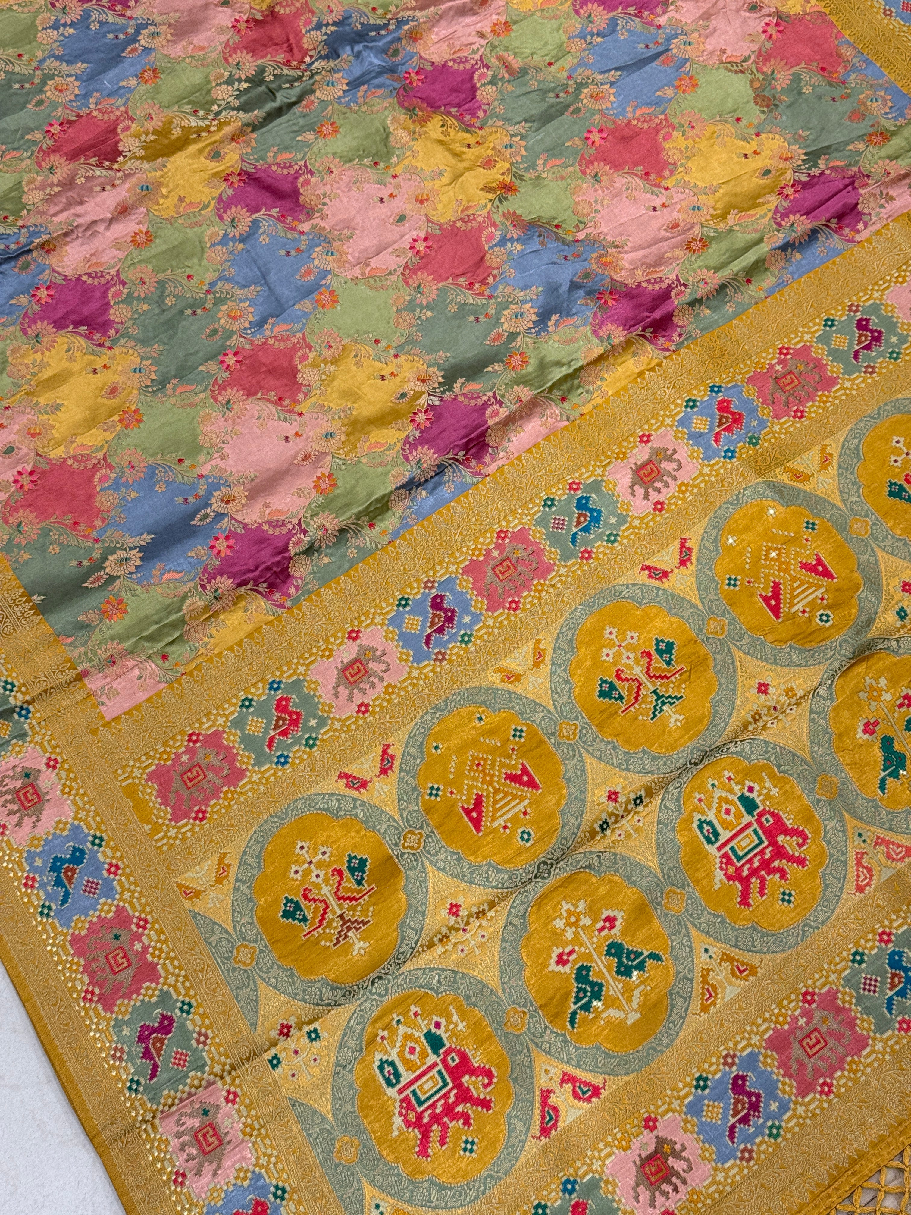 Mustard Yellow Banarasi Rangkat Fusion Patola Border Saree