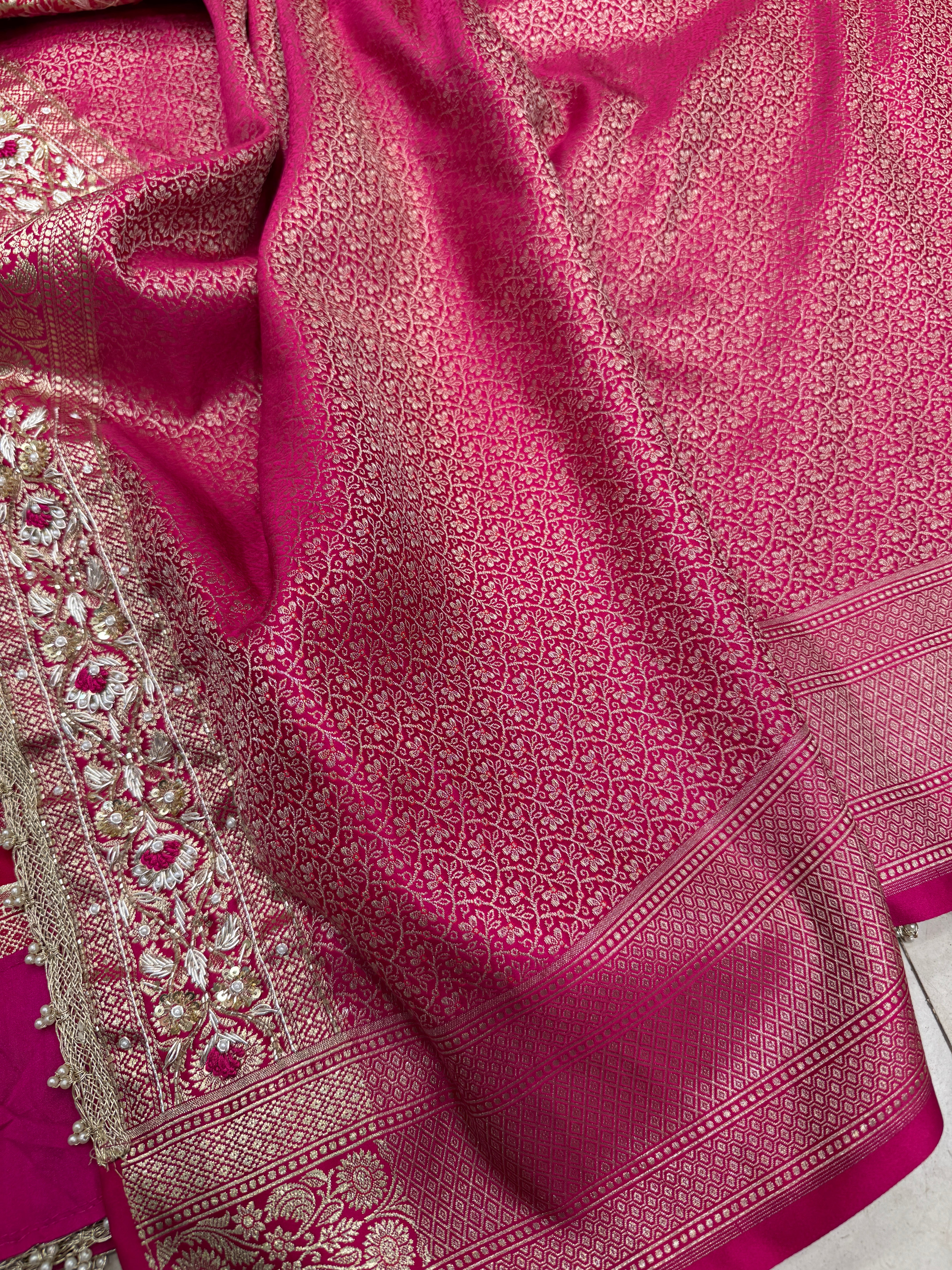 Rani Banarasi Flower Border Resham Zardosi Embroidery Saree