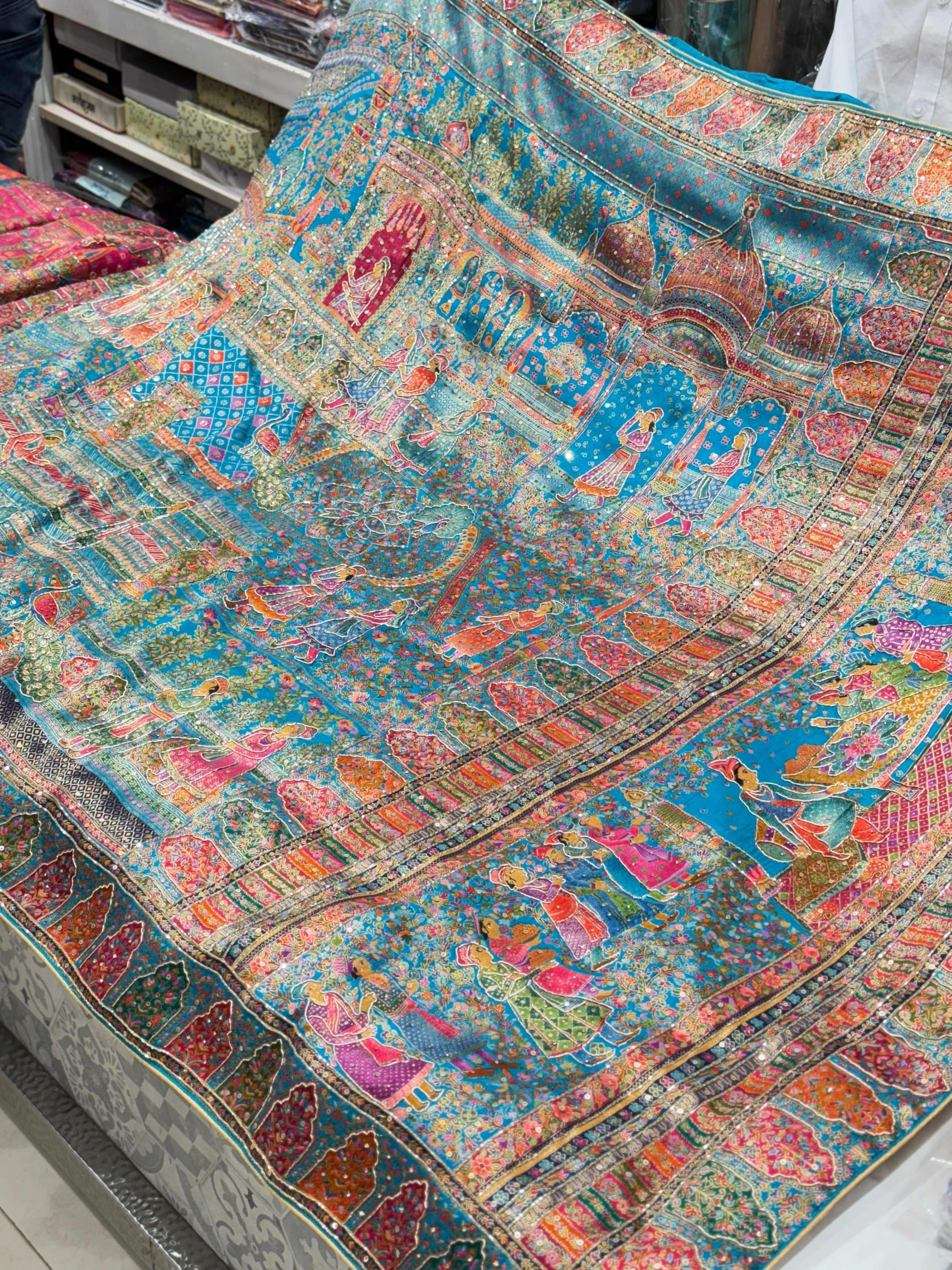 Firozi Blue Darbar Pashmina Style Weave with Hand Embroidery