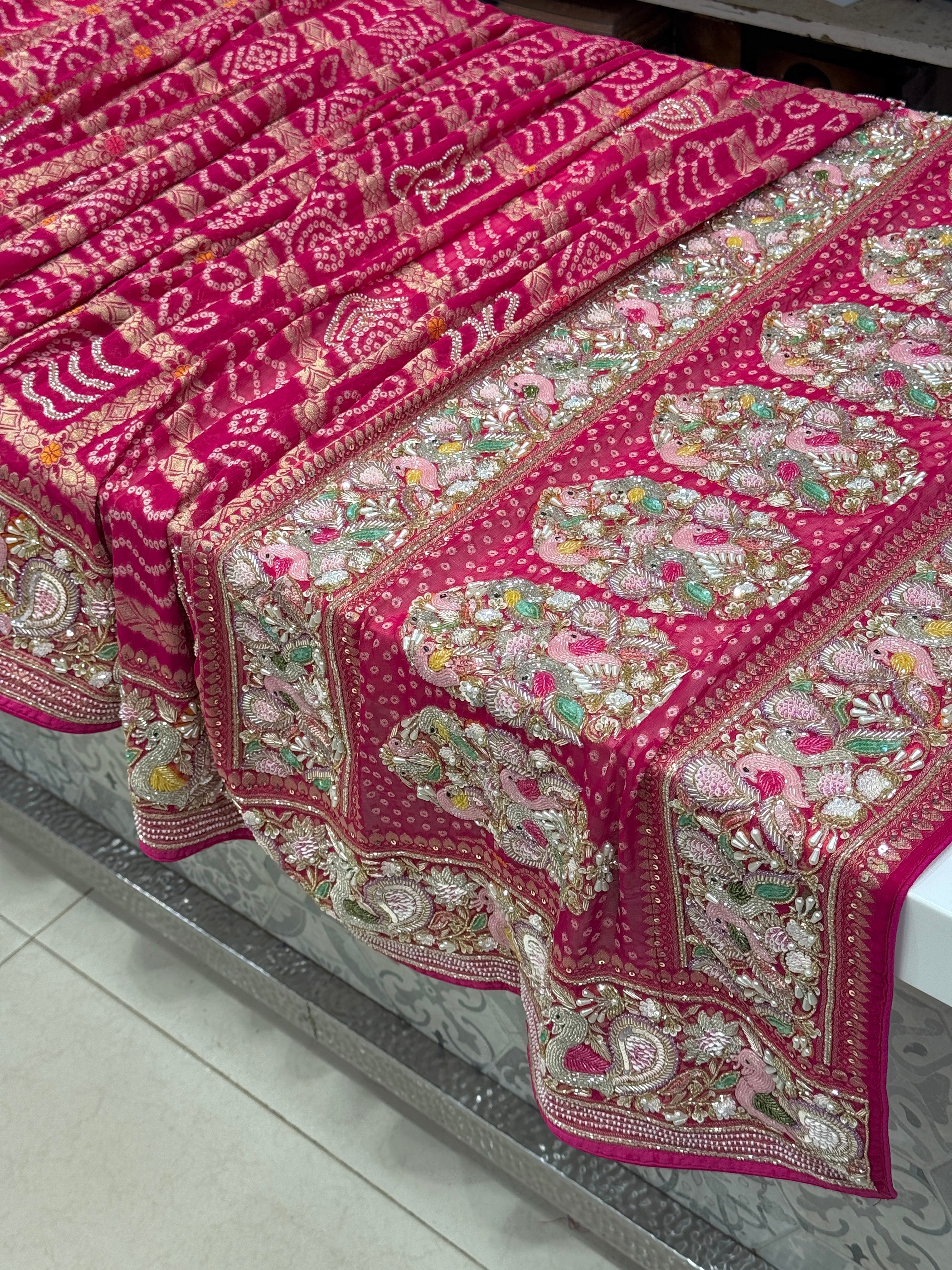 Rani Gharchola Moti Sequin Zardosi Hand Embroidery Georgette Saree