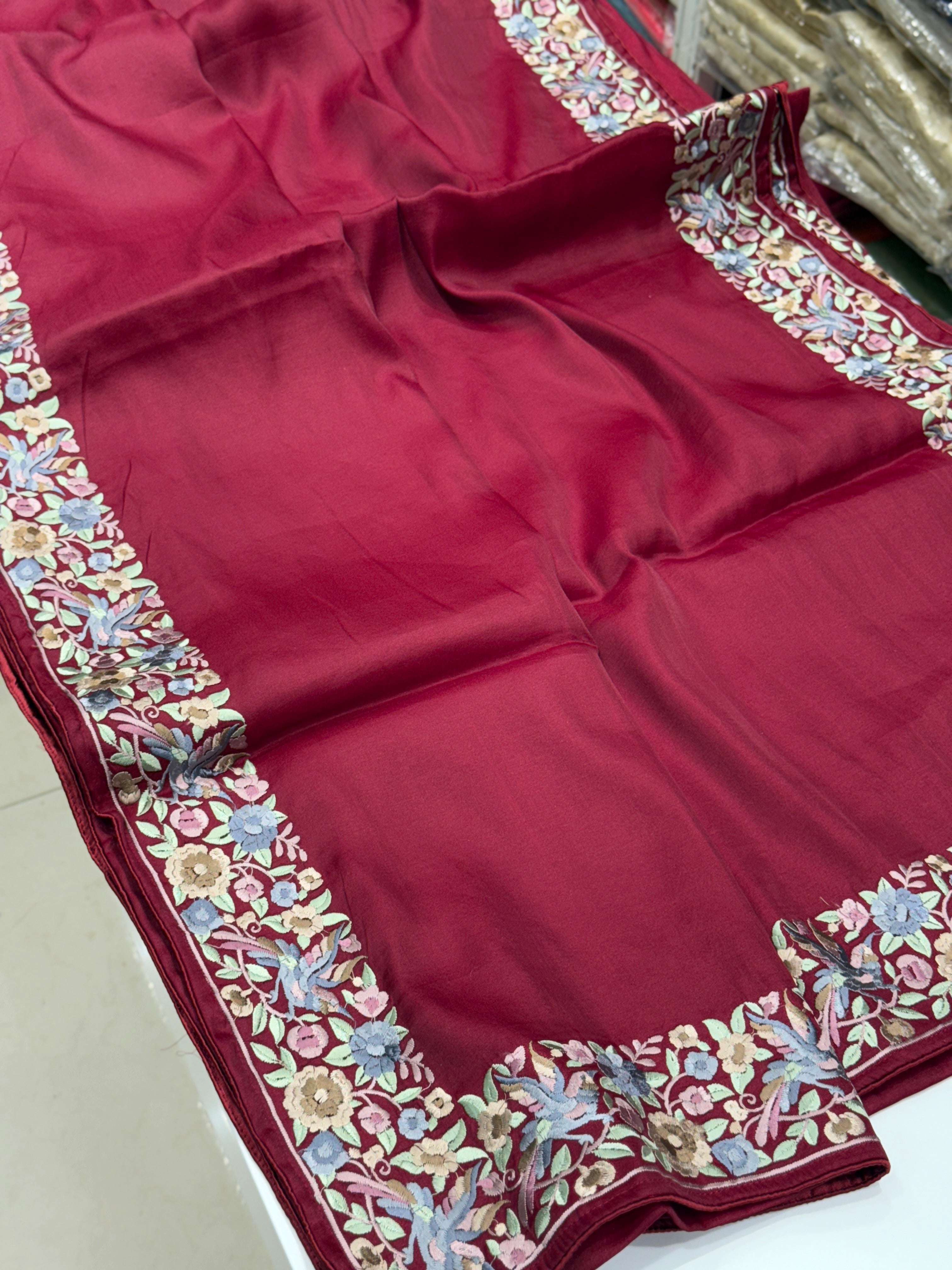 Maroon Silk Multi Colour Gara Border Saree