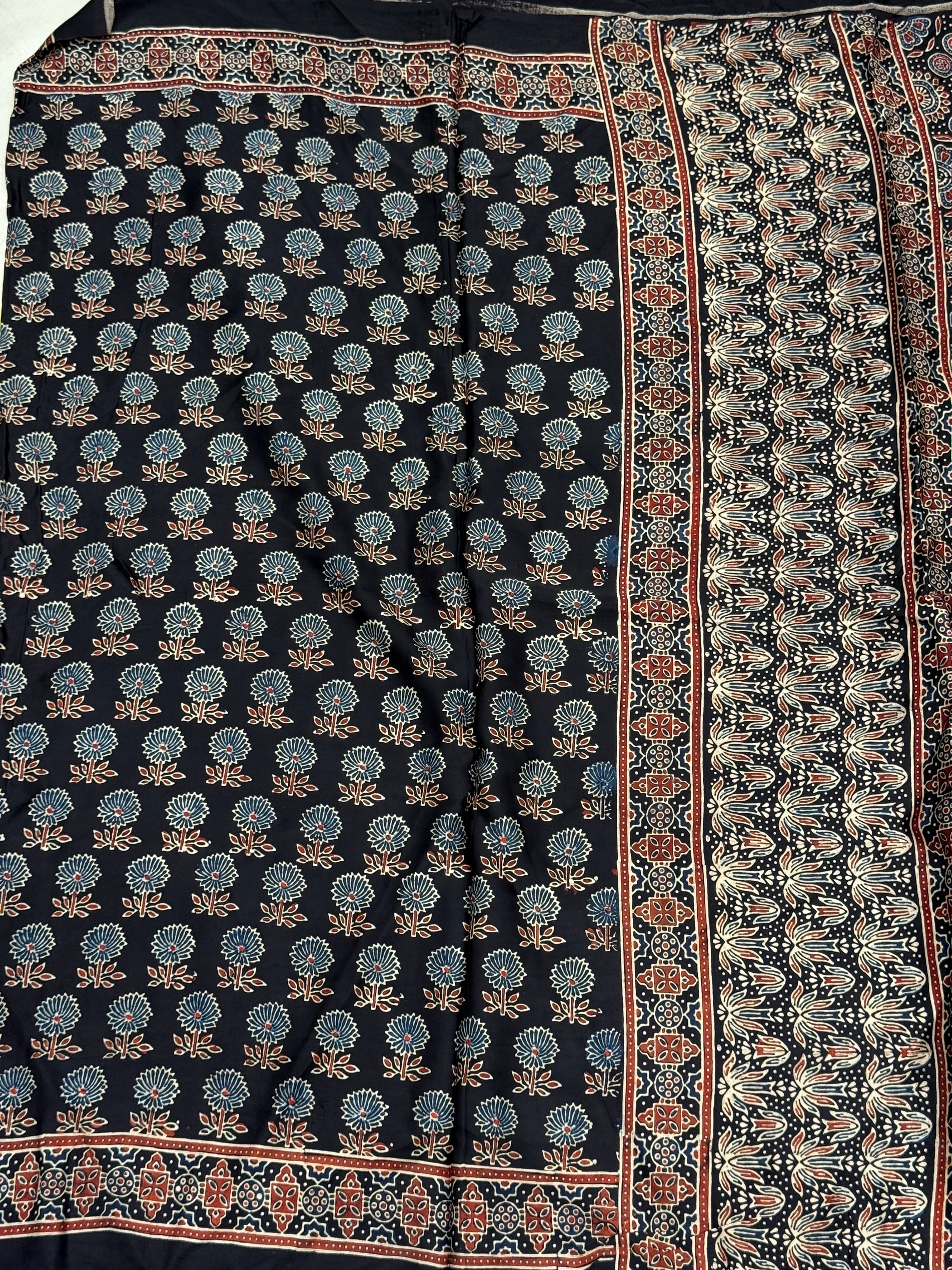 Black Contemporary Buttis Ajrakh Block Print Hand Pure Gajji Silk Saree