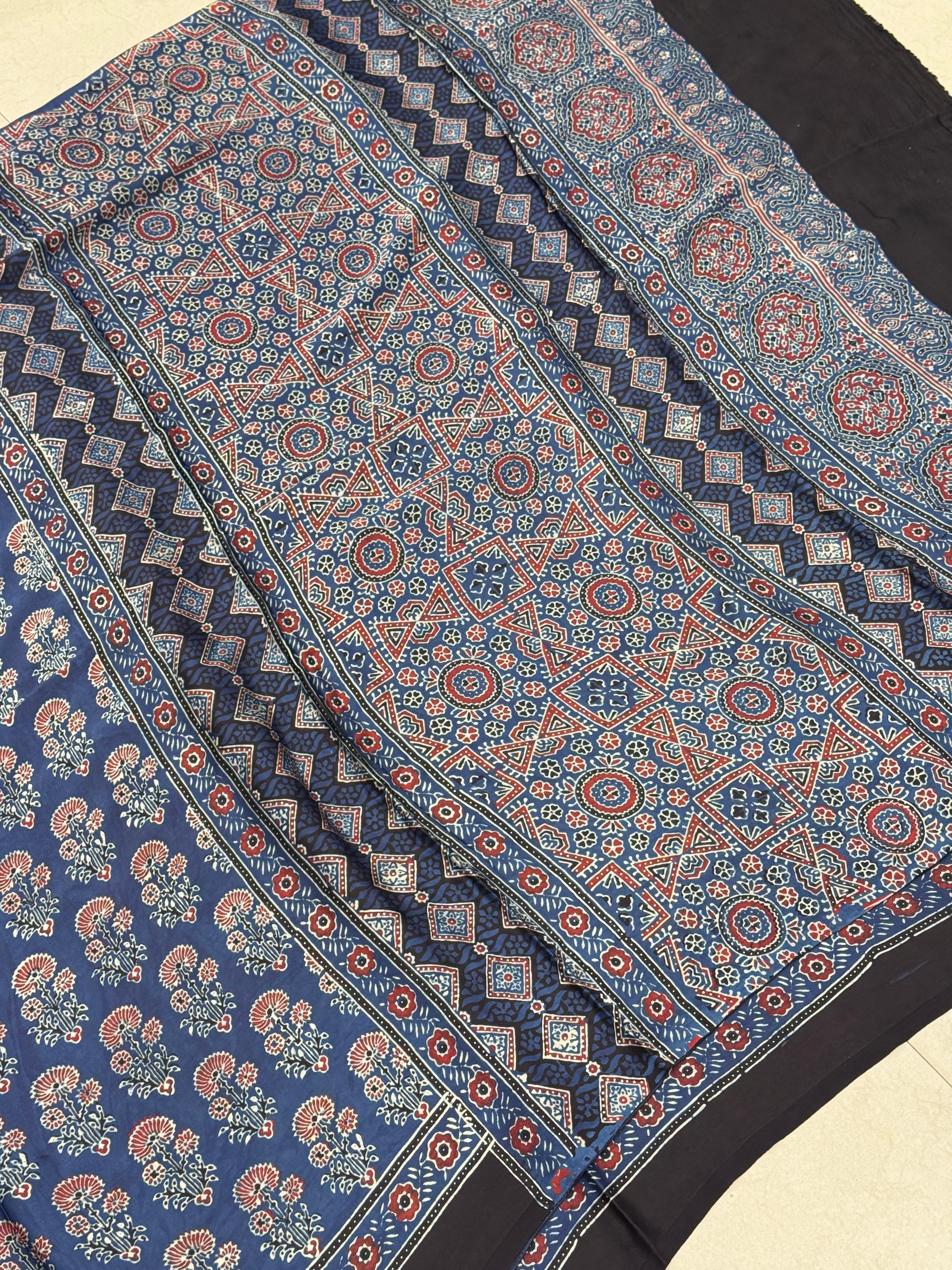 Blue Floral Buttas Floral Pallu Hand Block Print Ajrkah Pure Gajji Silk Saree