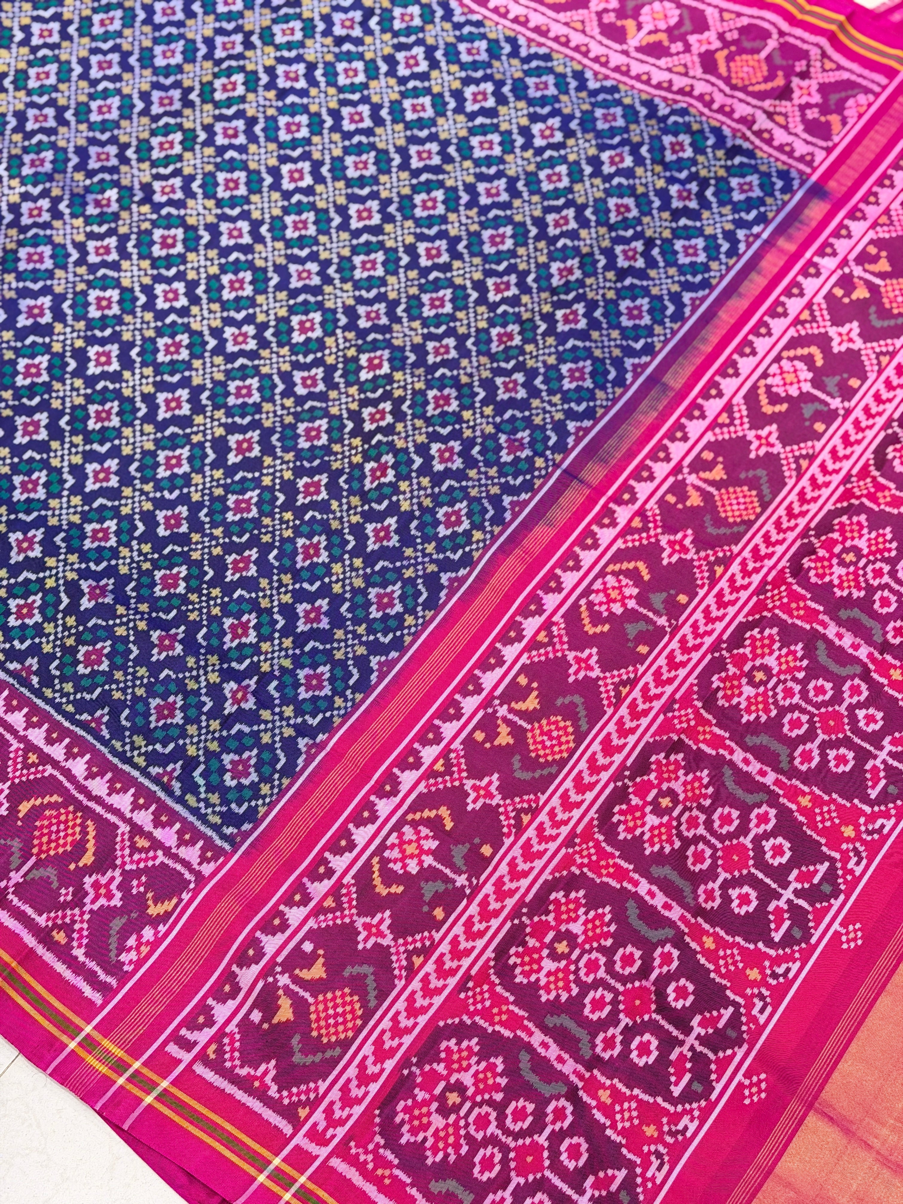 Blue Button Phool Patan Patola Handloom Pure Silk Saree