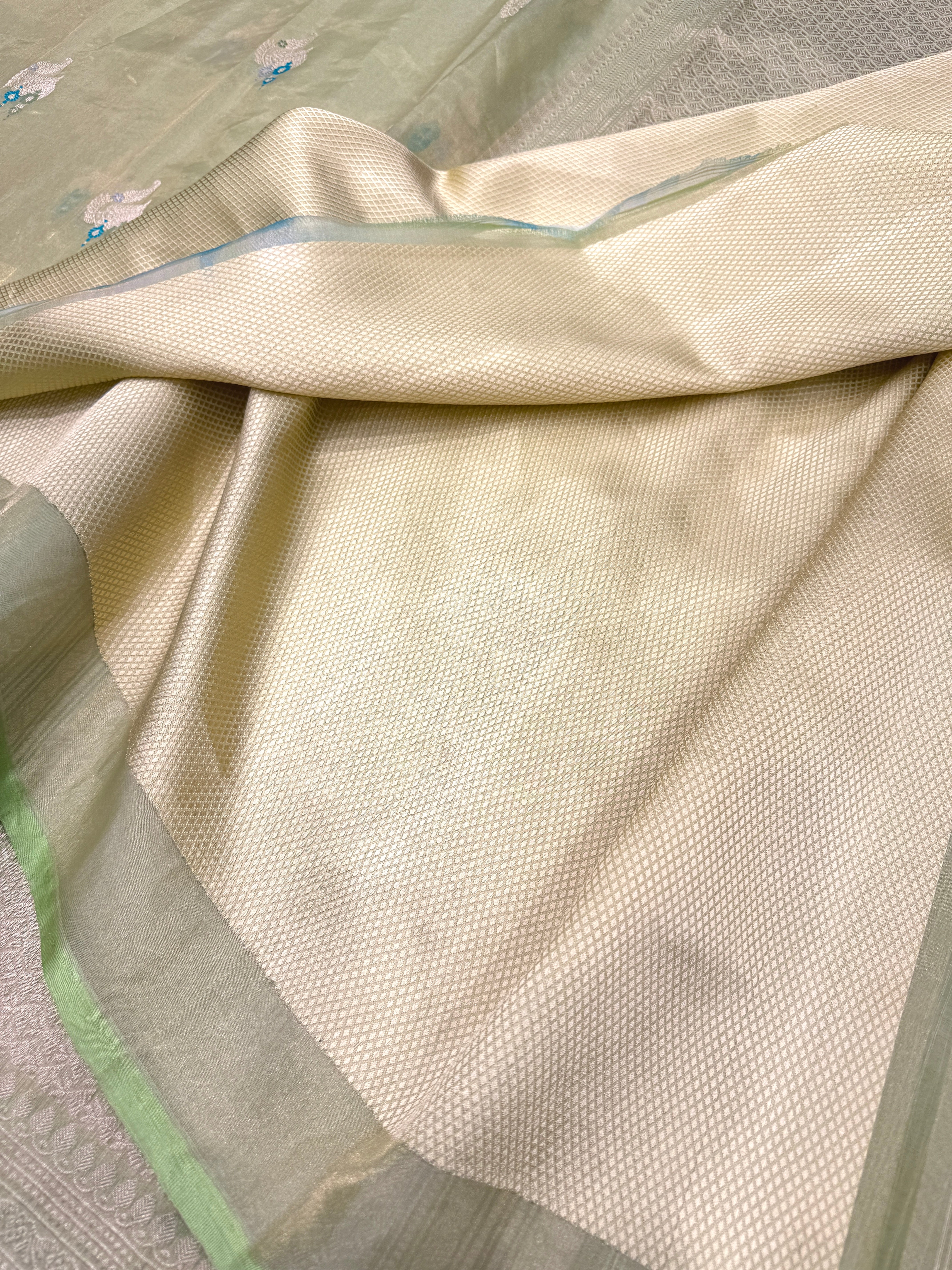 Pista Green Handloom Meenakari Banarasi Tissue Kadwa Saree