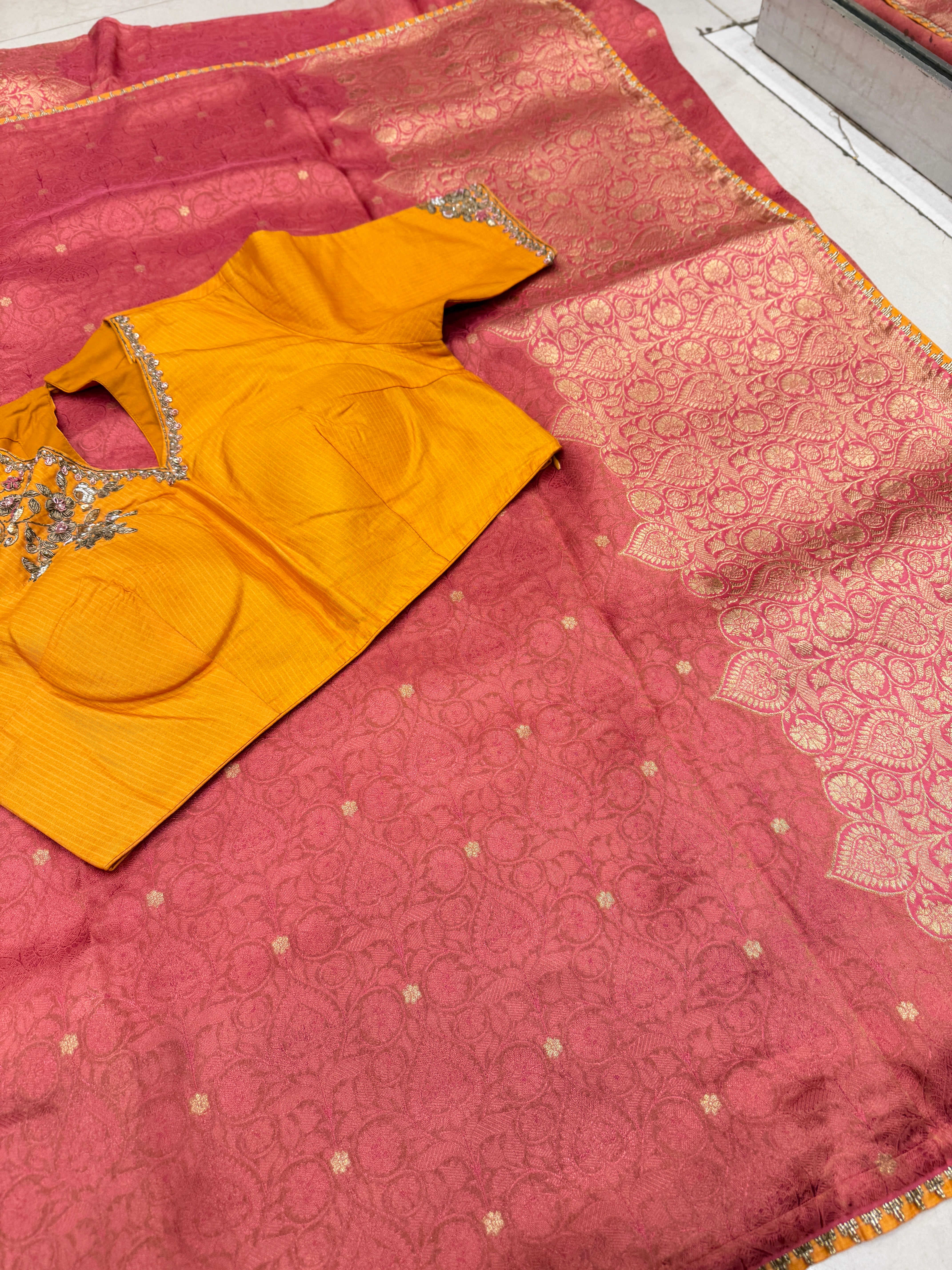 Pink Crepe Weaved Saree with contrast zardosi blouse saree