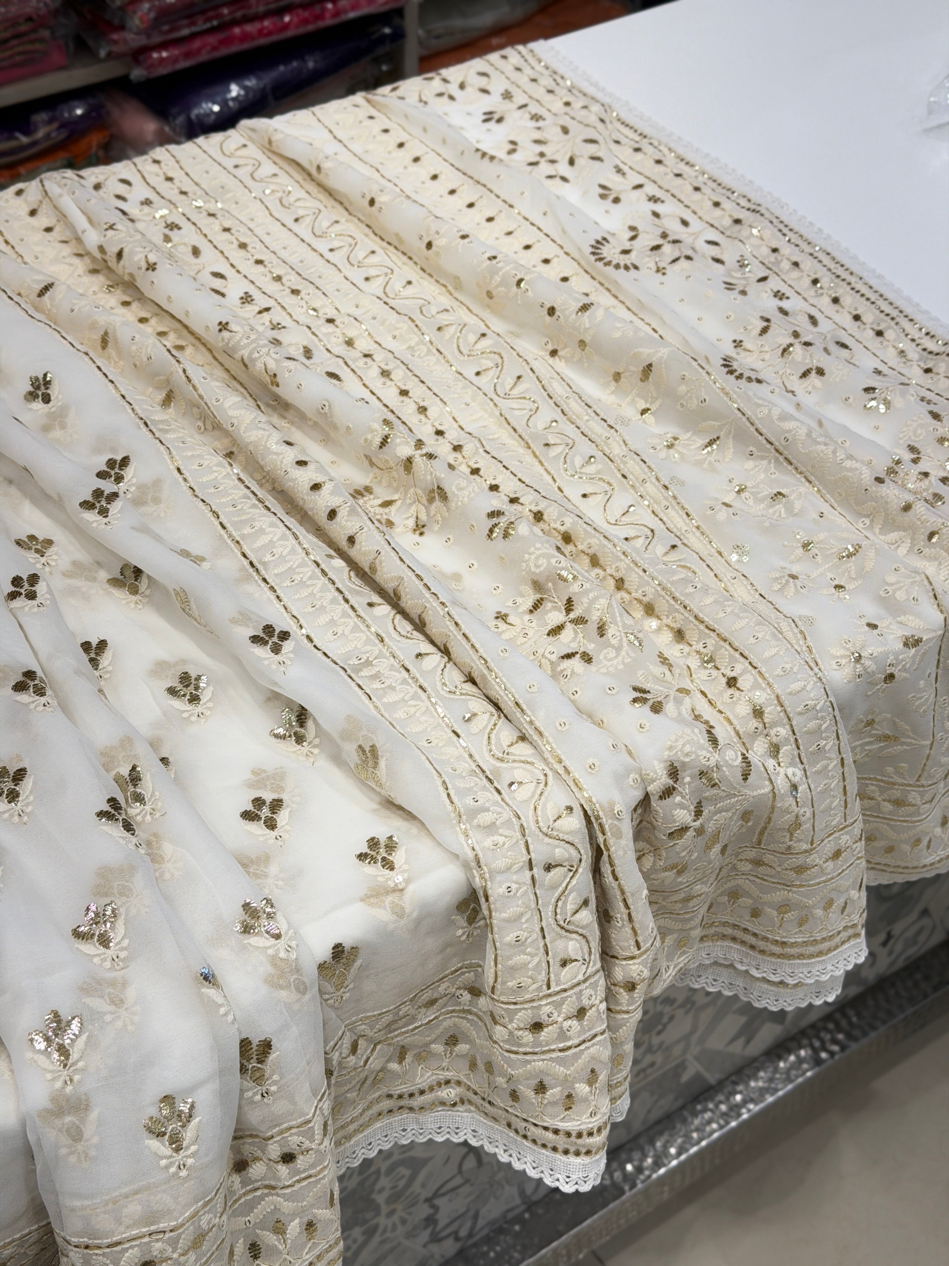 White Georgette Badla Embroidery Buttis Chikankari Saree