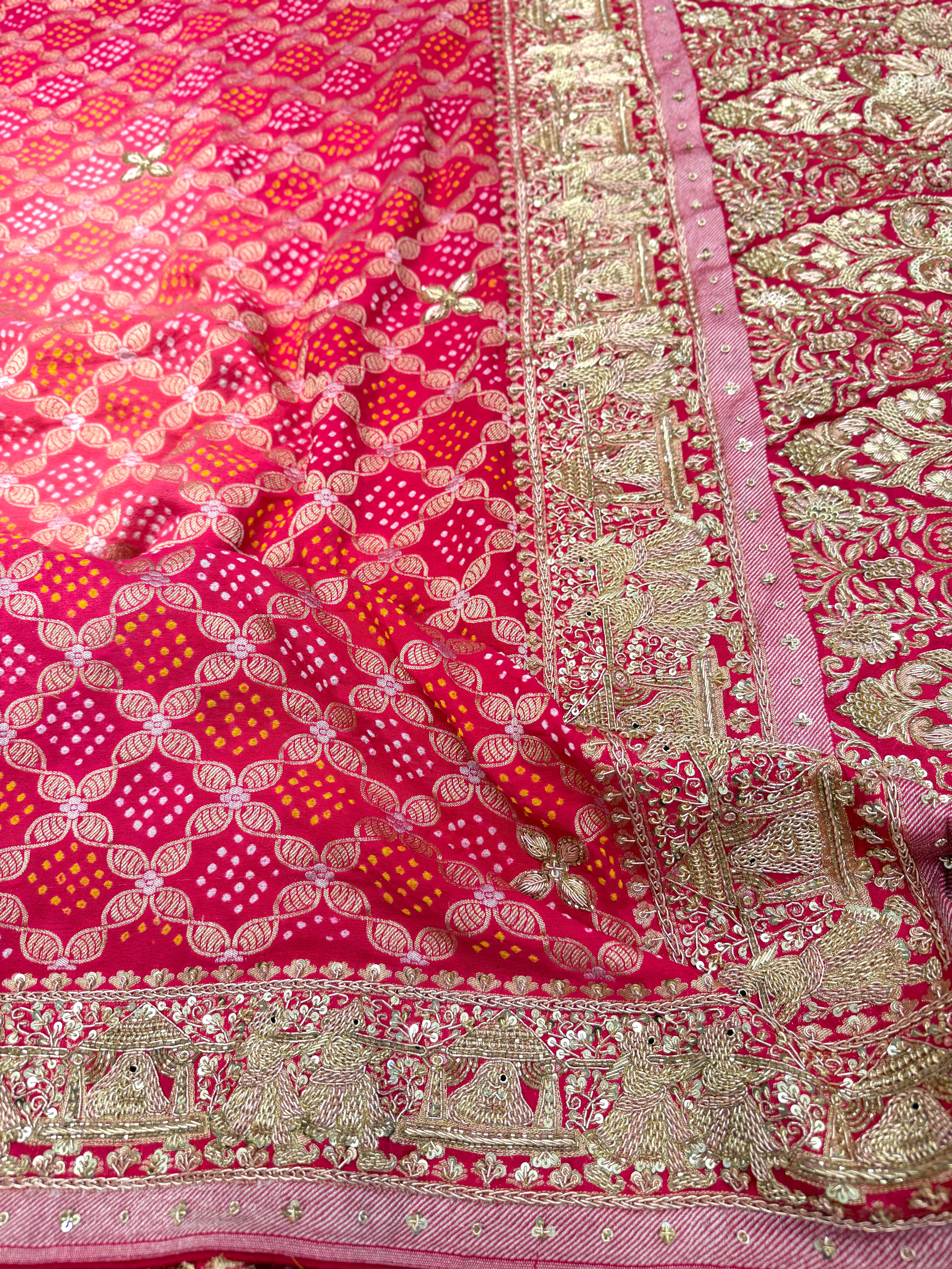 Strawberry Shaded Bandhej Zardodi Doli Edit Hand Embroidery Saree