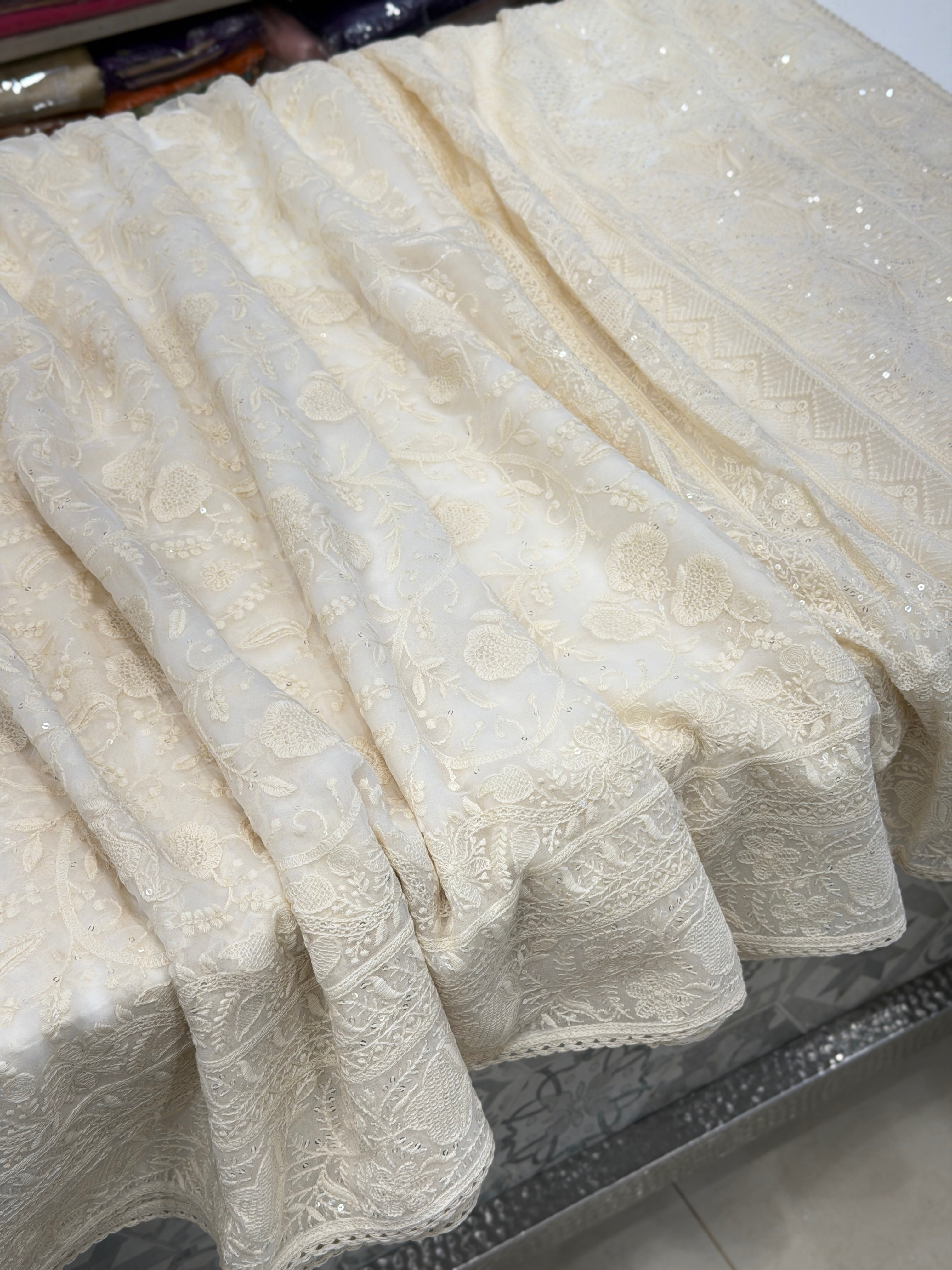 White Chikankari Georgette Jaal Resham Sequin Embroidery Saree