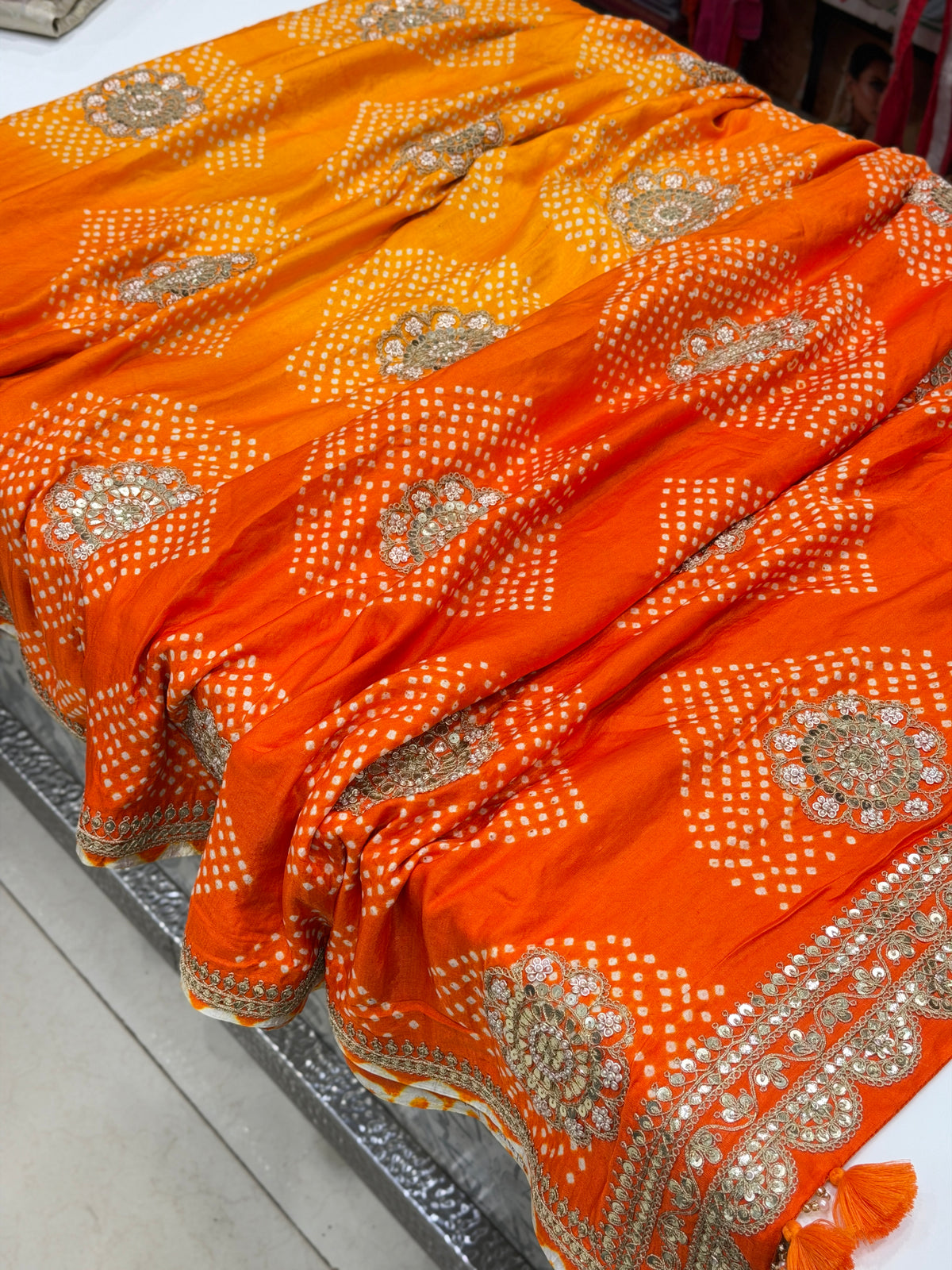 Orange Shaded Gajji Silk Rai Bandhej Gotapatti Marodi Hand Embroidery Saree