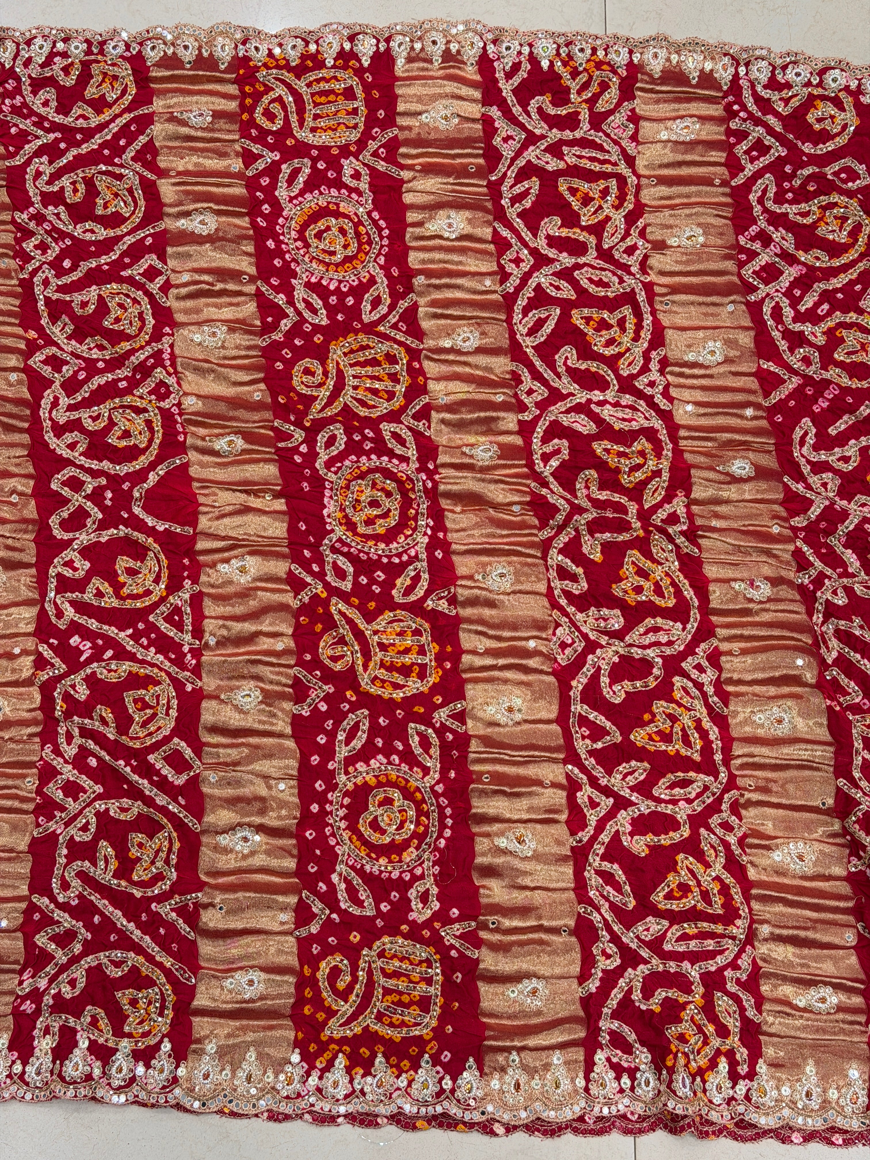 Maroon Half Half Gajji Silk Rai Bandhej Tila Hand Embroidery Saree