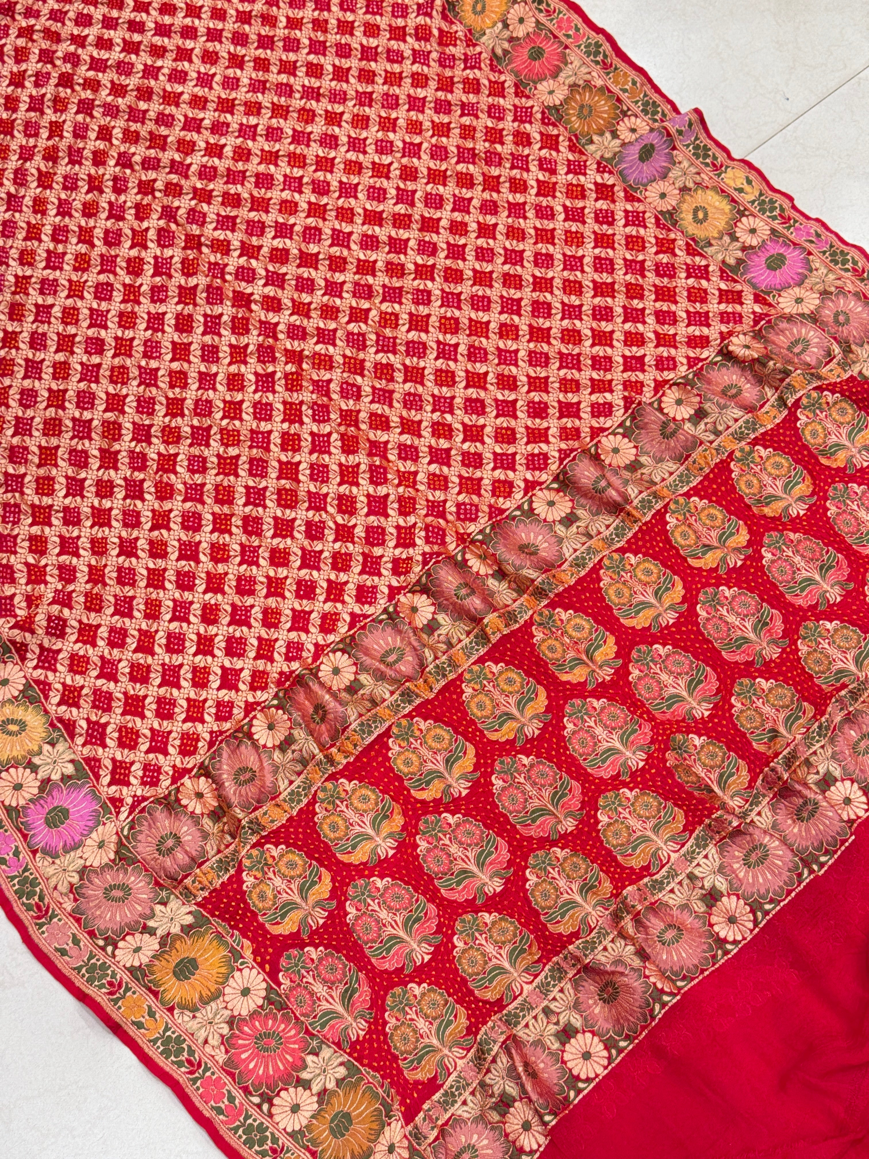 Red Meenakari Double Floral Rai Bandhej Georgette Bandhini Saree